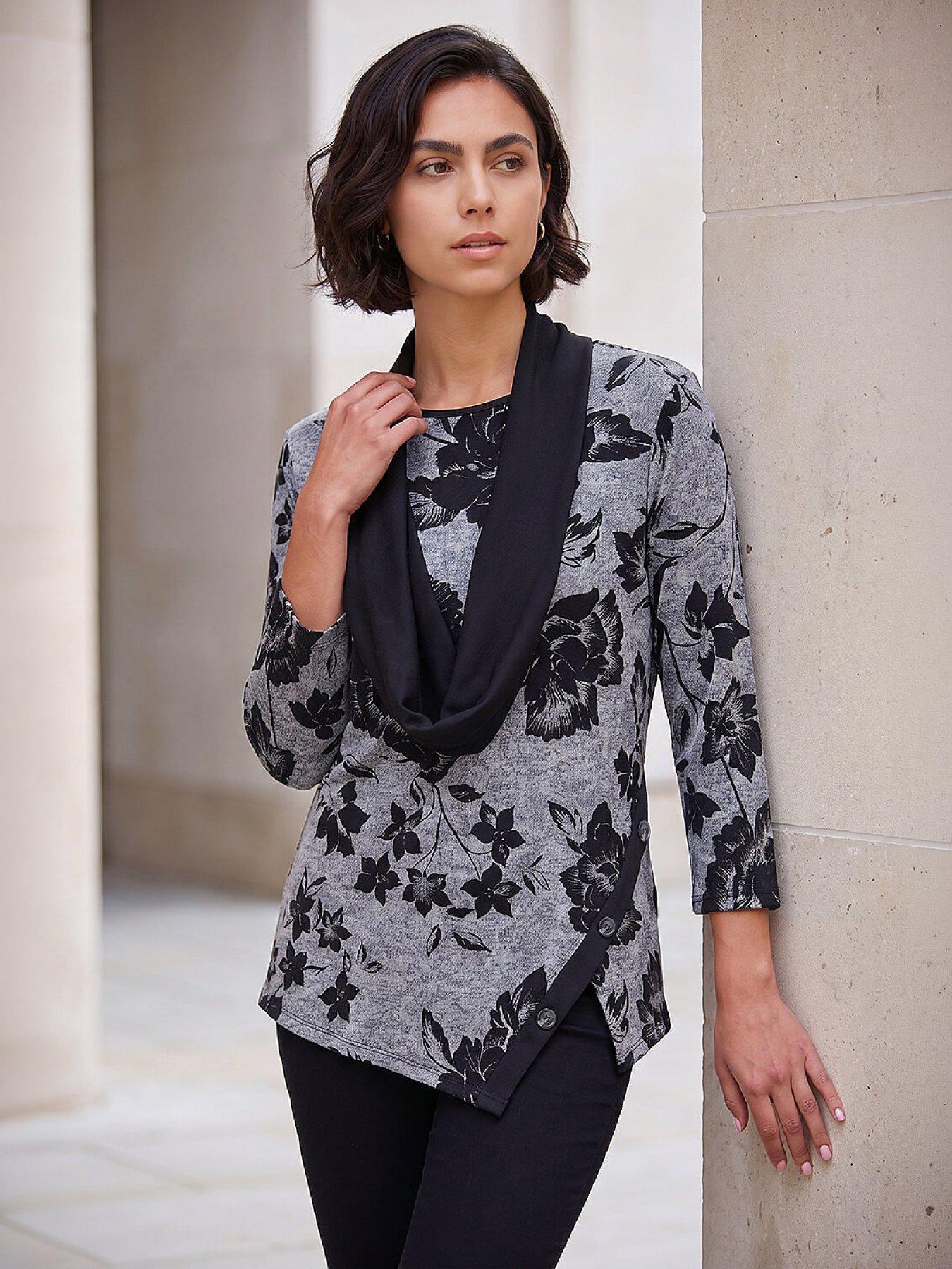 Image 4 of 4 of Roman Womens Floral Print Scarf 3/4 Sleeve Tunic Top&nbsp; - Grey
