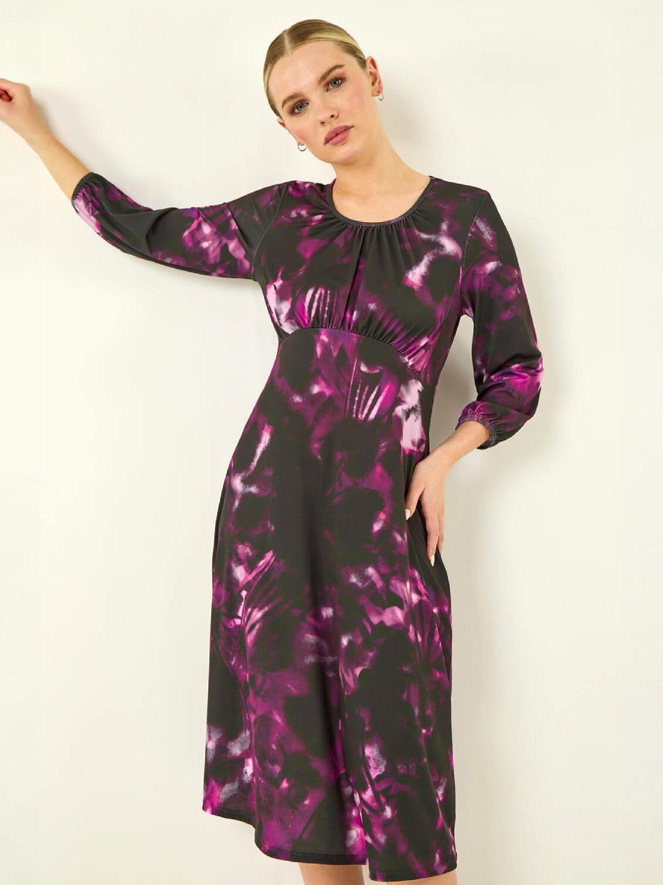 Image 1 of 4 of Roman Womens Petite Abstract Stretch Gathered Midi Dress - Purple
