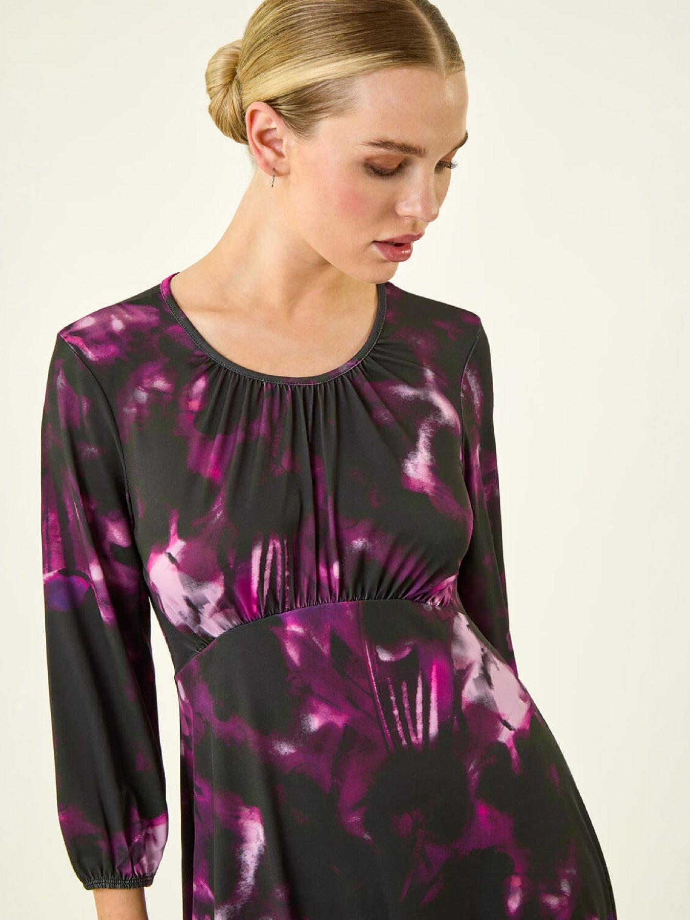 Image 2 of 4 of Roman Womens Petite Abstract Stretch Gathered Midi Dress - Purple