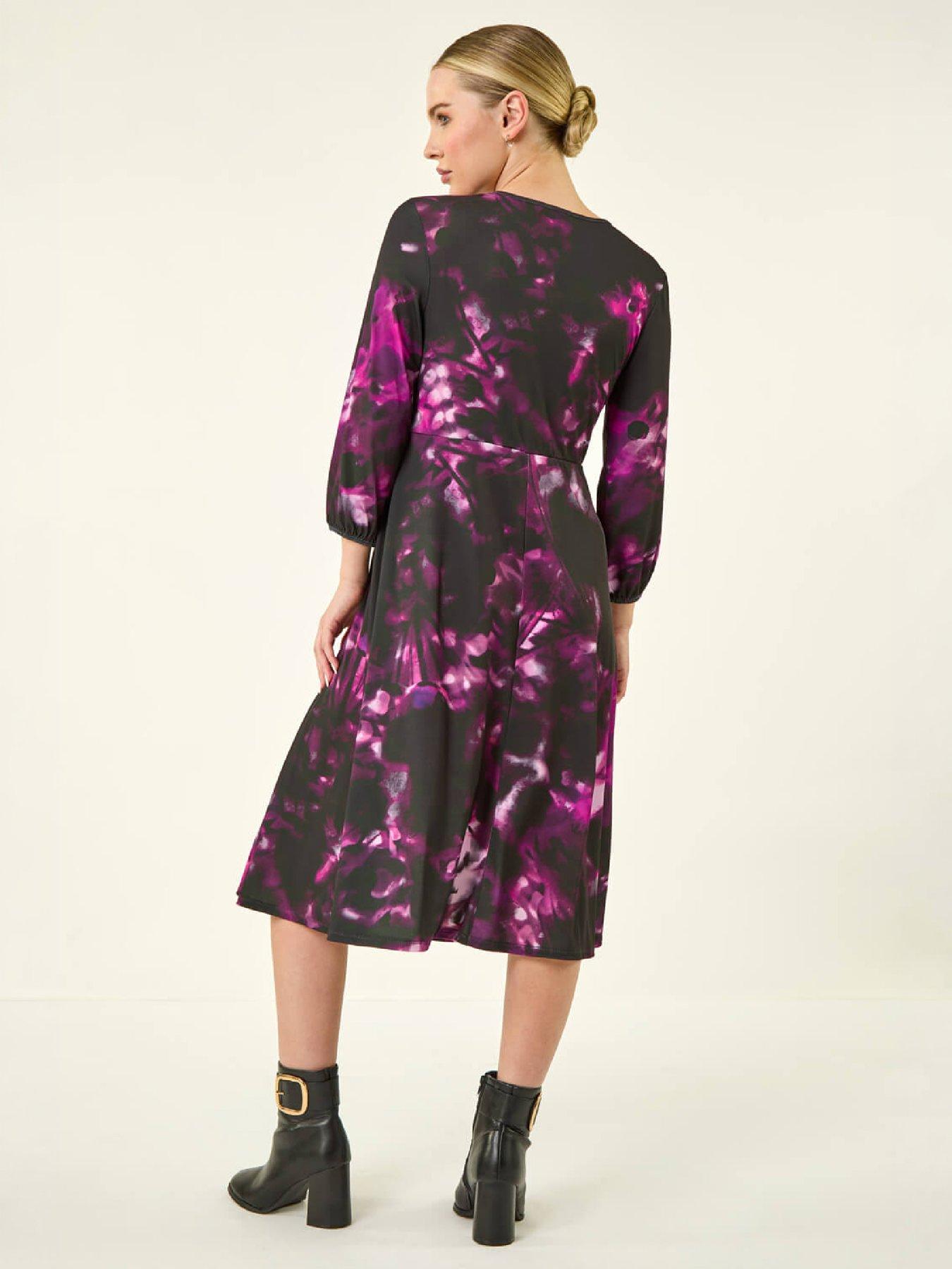 Image 3 of 4 of Roman Womens Petite Abstract Stretch Gathered Midi Dress - Purple
