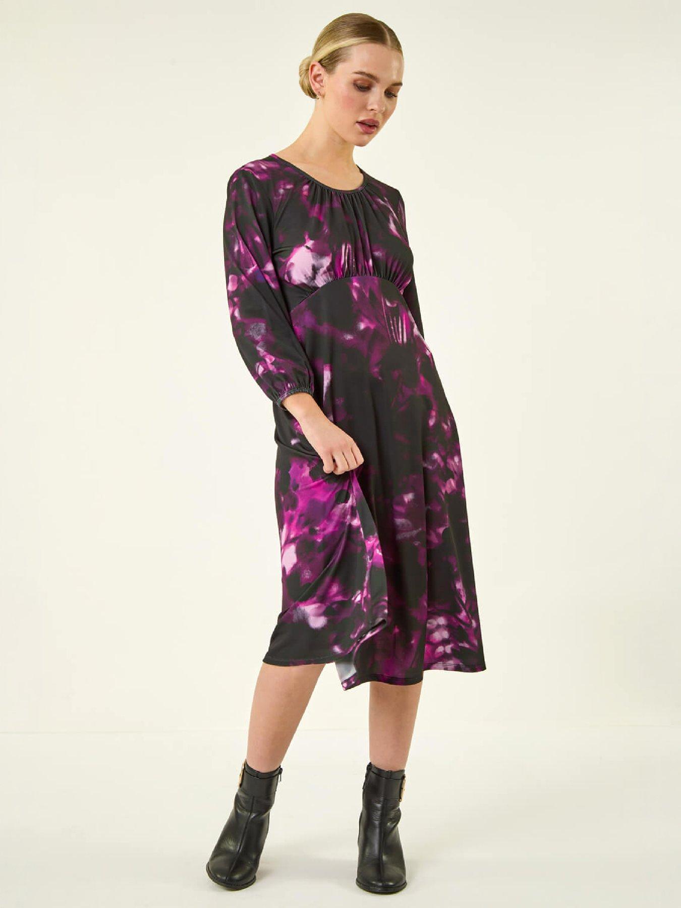 Image 4 of 4 of Roman Womens Petite Abstract Stretch Gathered Midi Dress - Purple