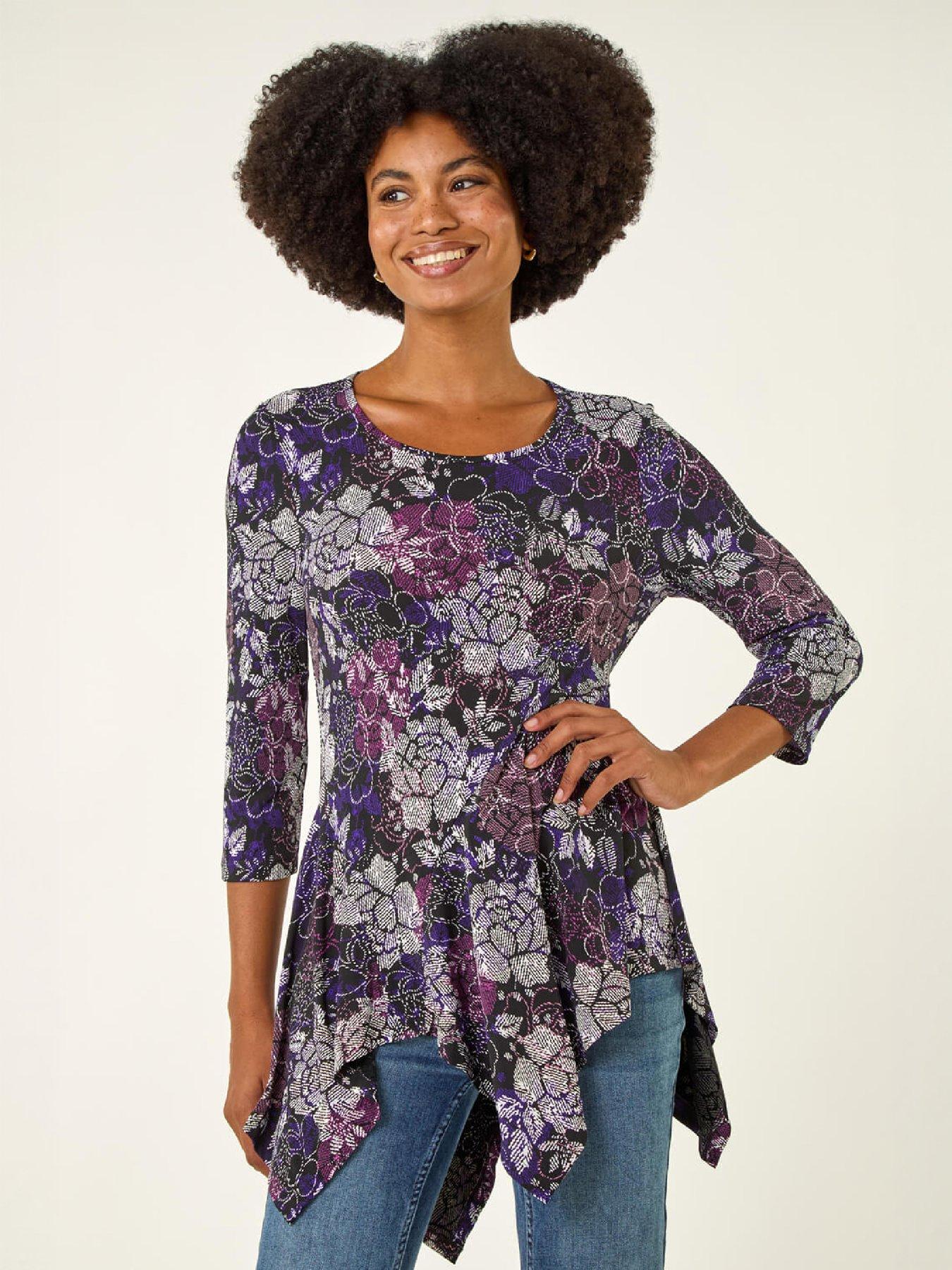 Image 1 of 4 of Roman Floral Puff Print Hanky Hem Top