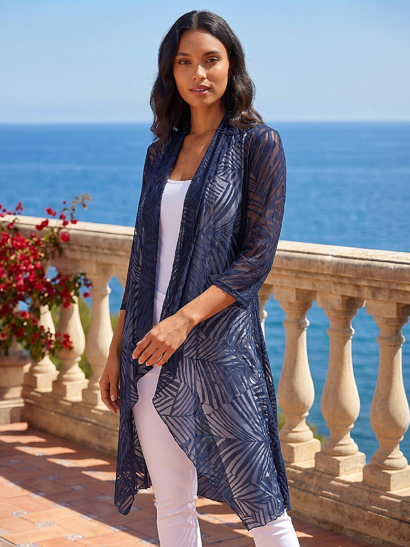 Image 1 of 4 of Roman Womens Longline Waterfall Front Mesh Kimono - Navy