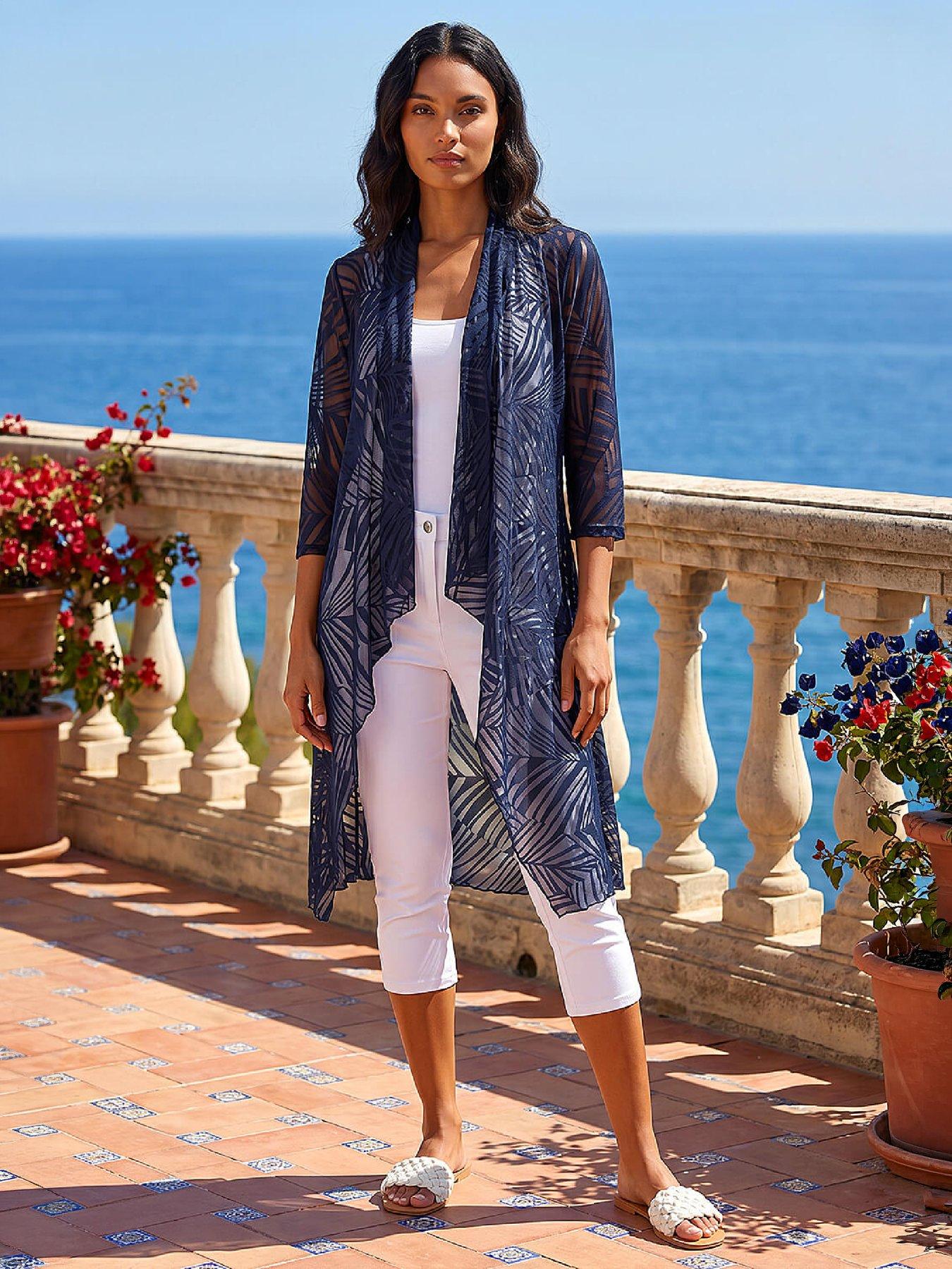 Image 3 of 4 of Roman Womens Longline Waterfall Front Mesh Kimono - Navy