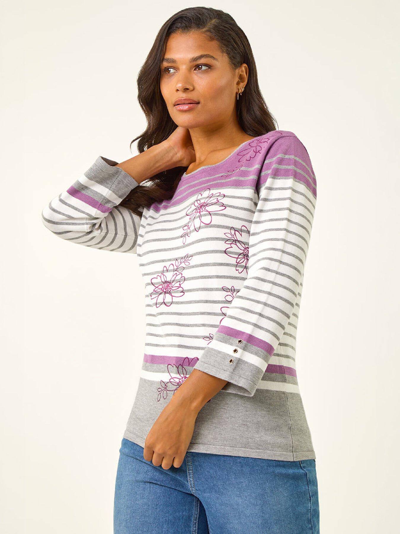 Image 3 of 4 of Roman Womens Floral Stripe Round Neck Viscose Blend Jumper - Cream