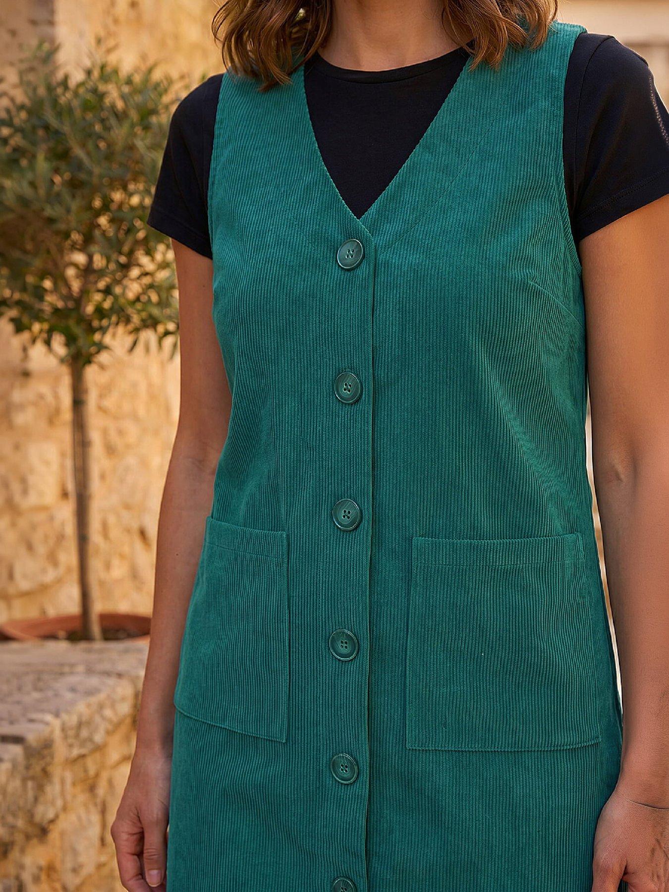 Image 2 of 4 of Roman Womens Petite Corduroy Button Front Pinafore Dress - Green