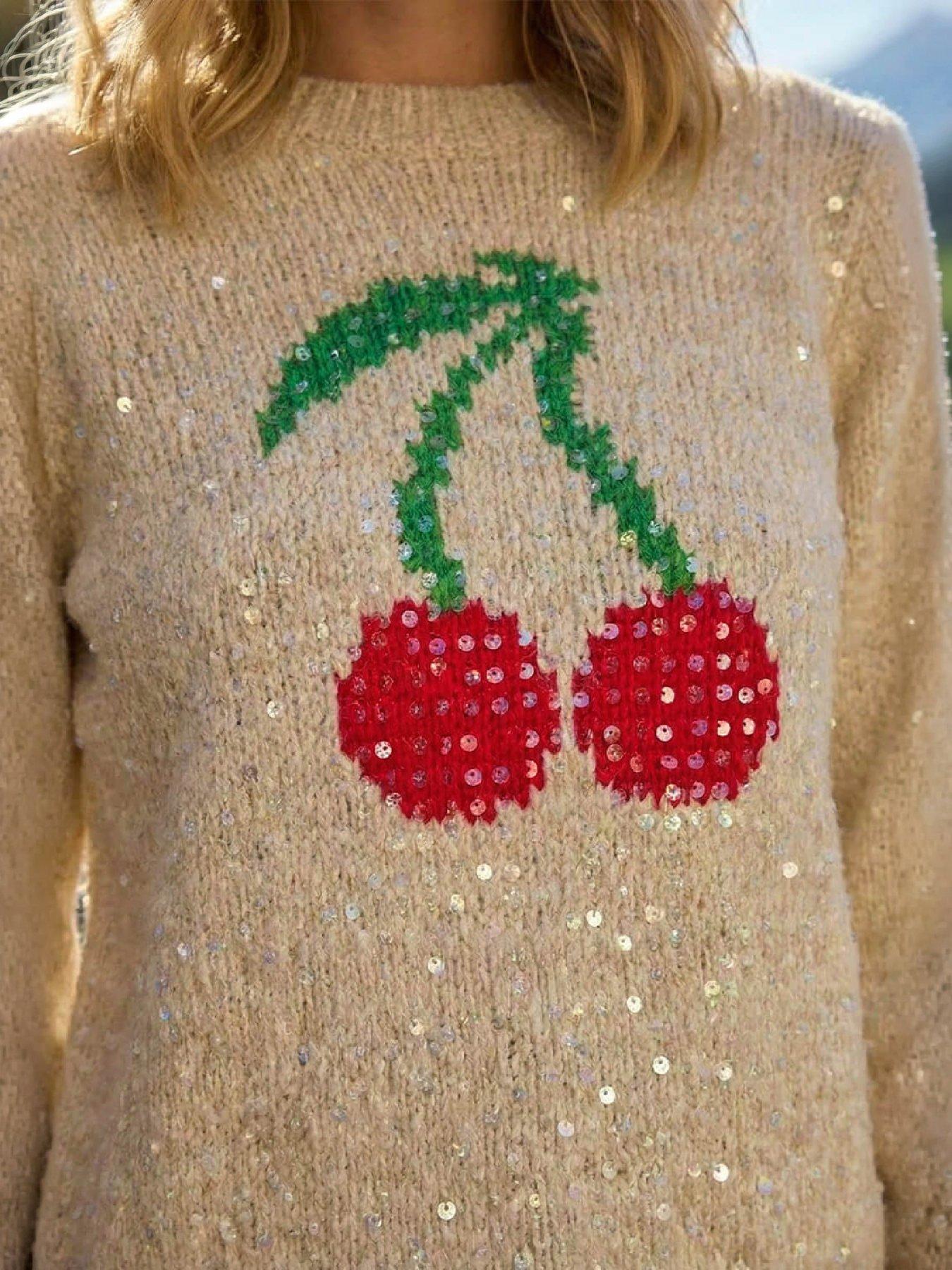 Image 2 of 4 of Roman Roman Womens Sequin Cherry Crew Neck Jumper - Beige