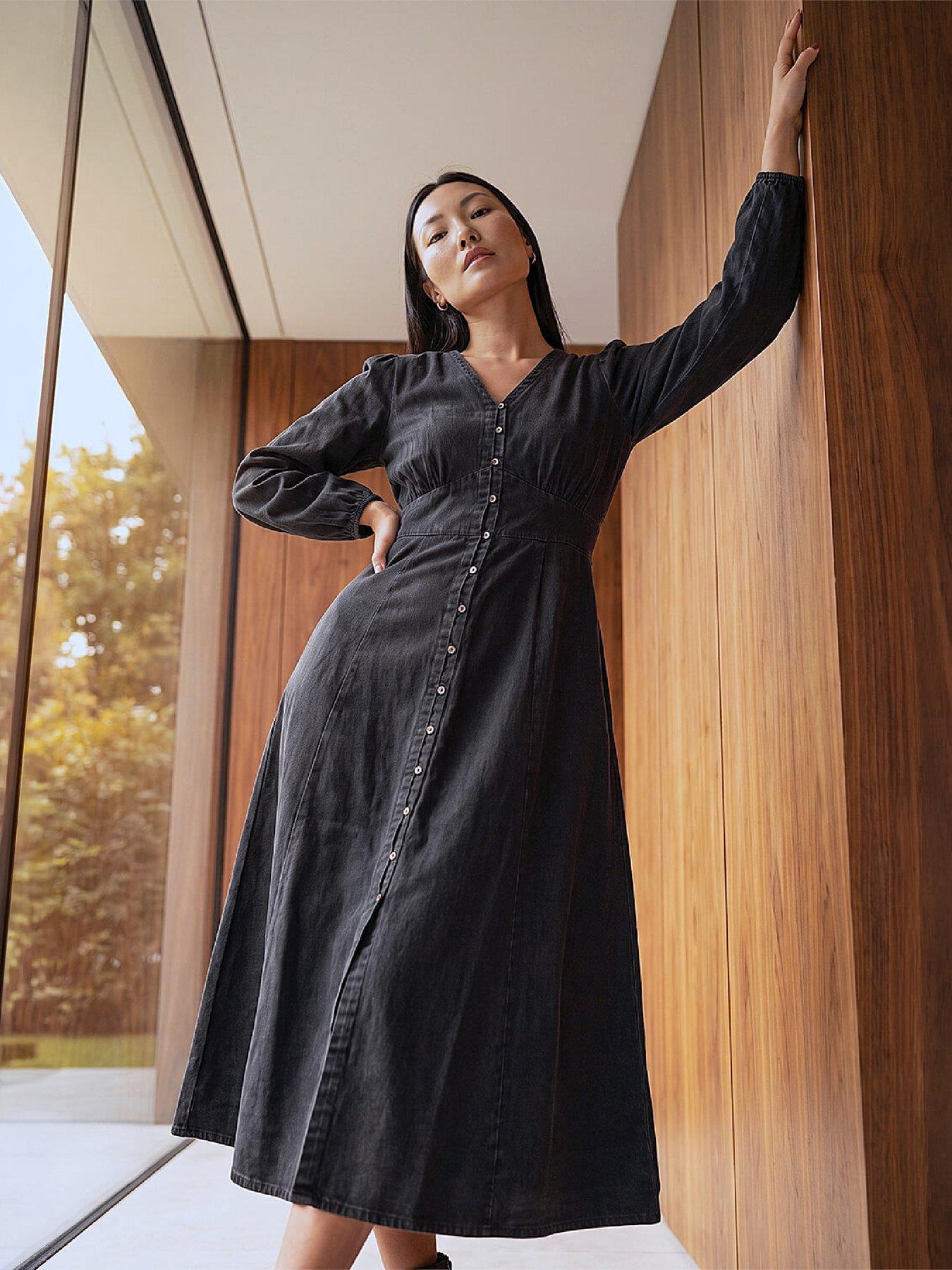Image 1 of 4 of Roman Womens Button Through Midi Dress - Black