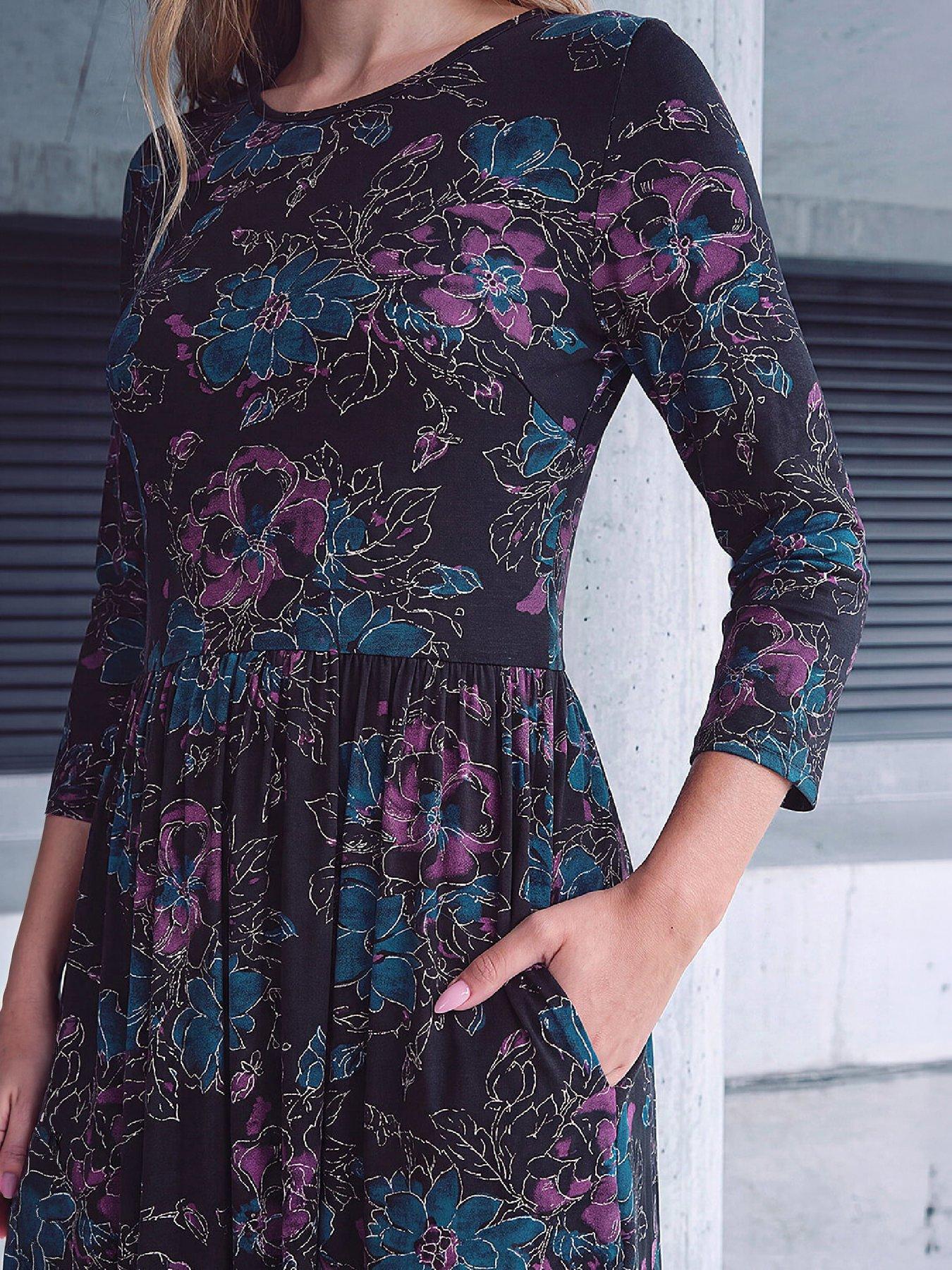 Image 2 of 4 of Roman Womens Stretch Waist Midi Dress - Black