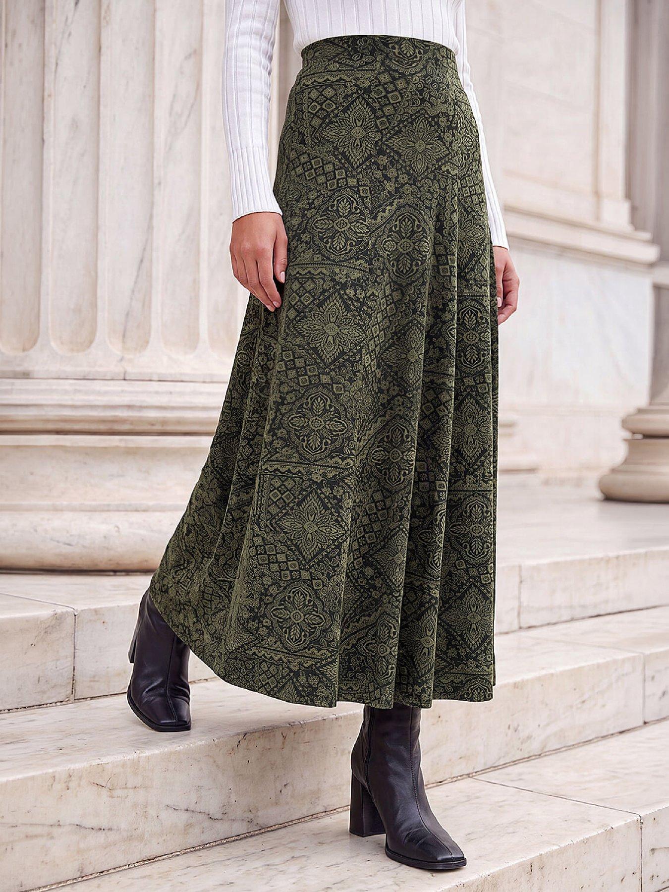 Image 1 of 4 of Roman Womens Abstract Elasticated Waist Midi Skirt - Green