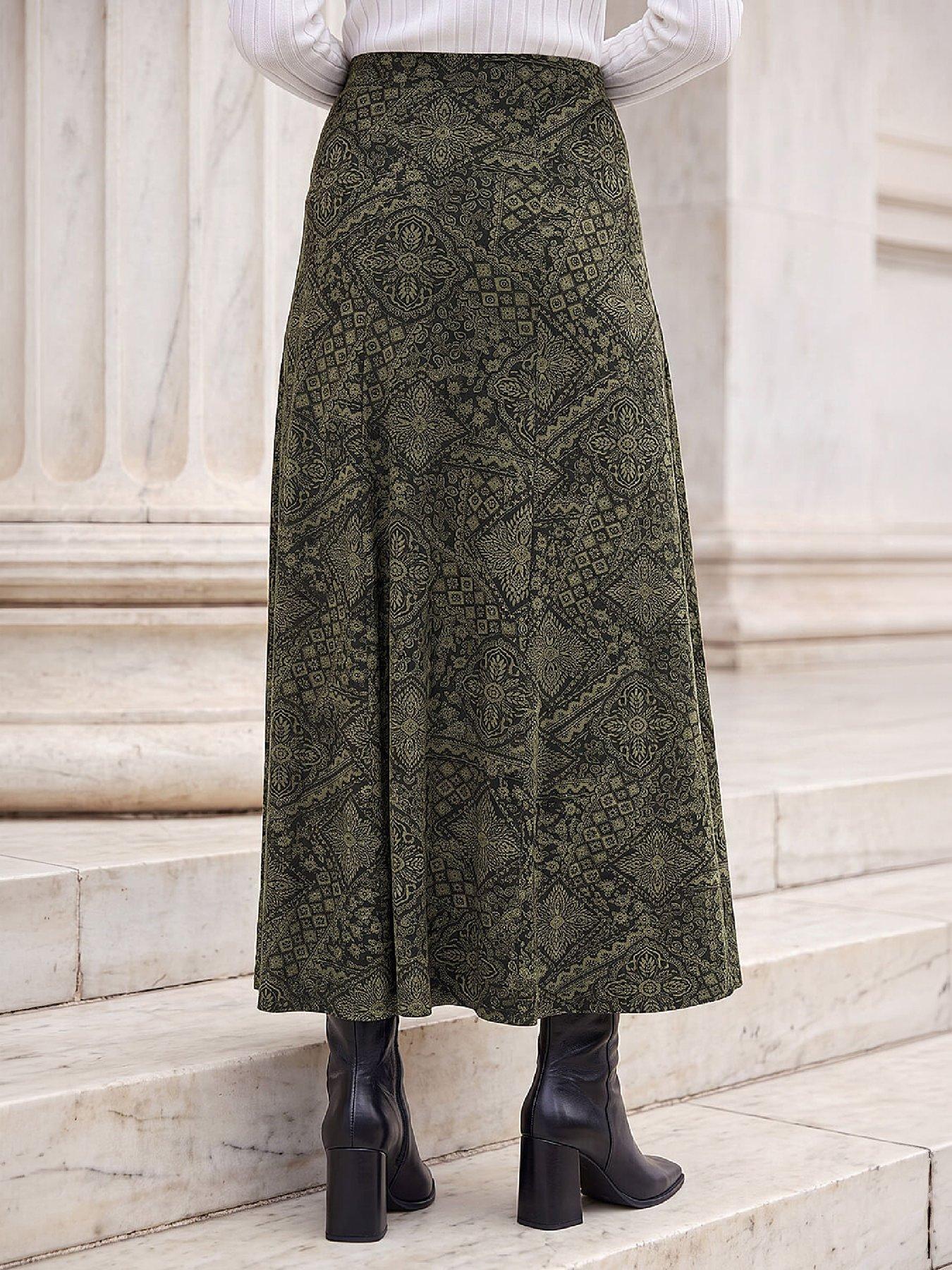 Image 3 of 4 of Roman Womens Abstract Elasticated Waist Midi Skirt - Green