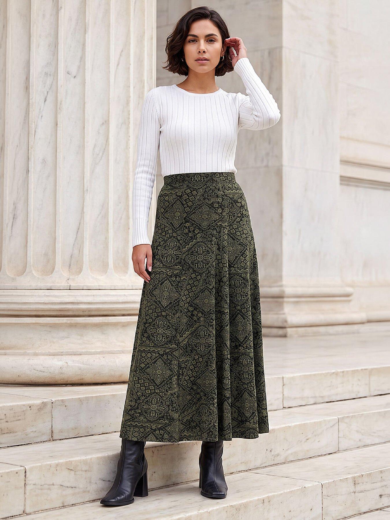 Image 4 of 4 of Roman Womens Abstract Elasticated Waist Midi Skirt - Green