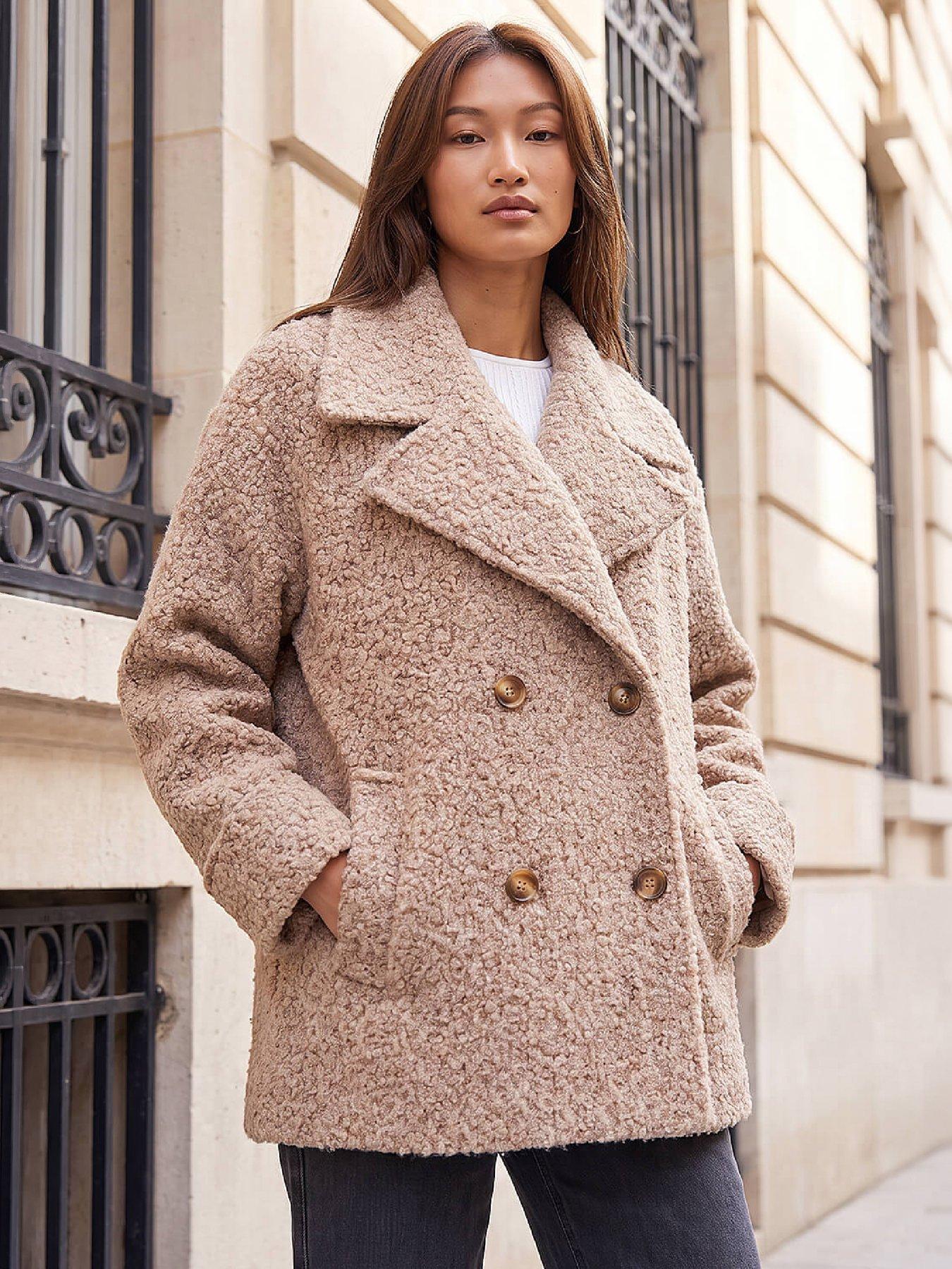 Image 1 of 4 of Roman Womens Textured Double Breasted Coat - Cream