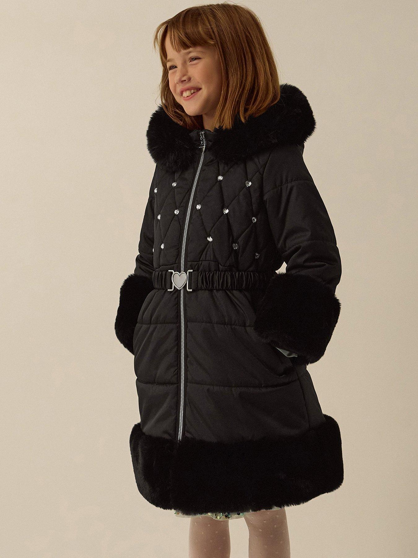 Image 1 of 4 of Monsoon Girls Diamante Faux Fur Trim Coat - Black