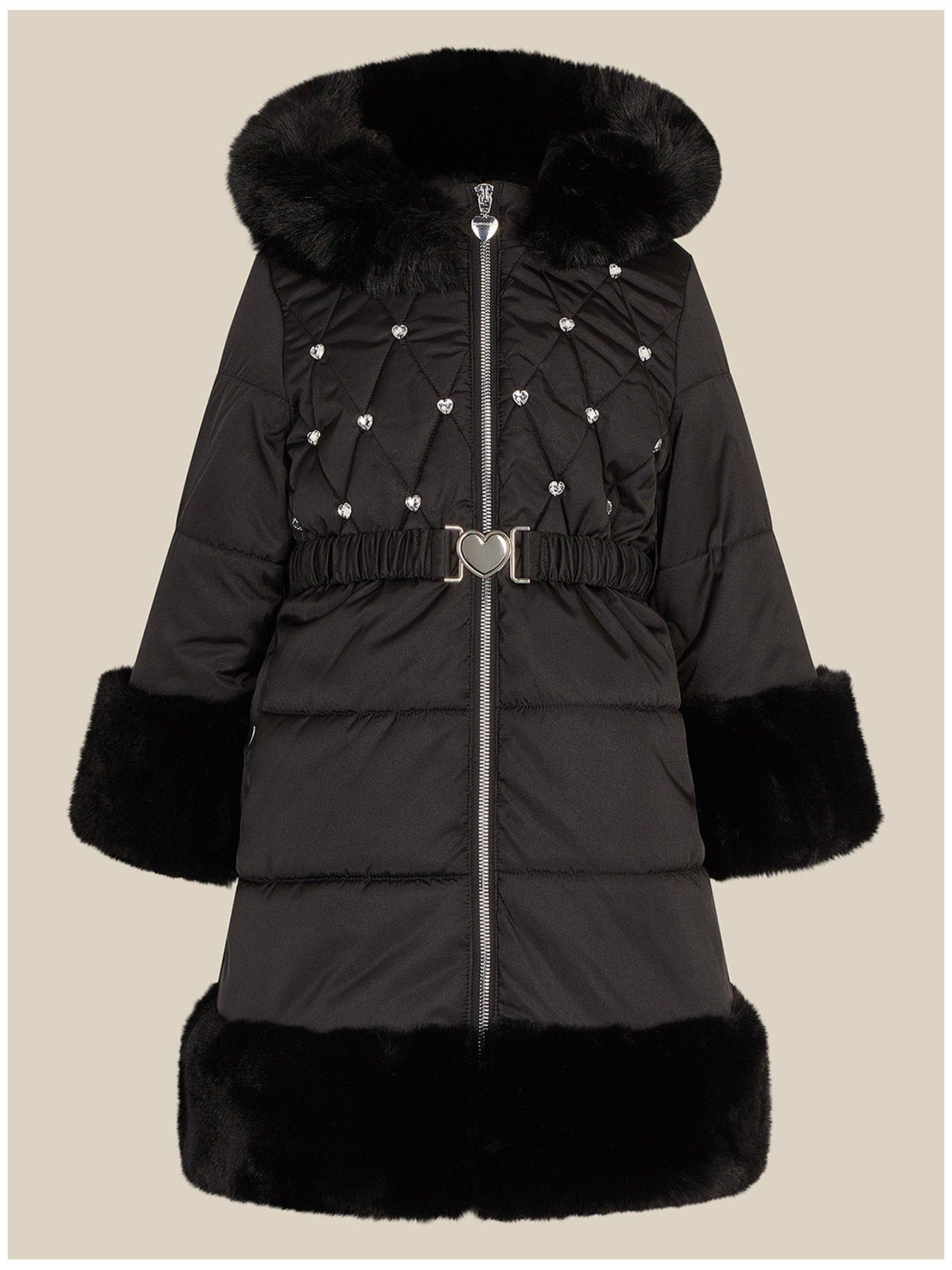 Image 2 of 4 of Monsoon Girls Diamante Faux Fur Trim Coat - Black