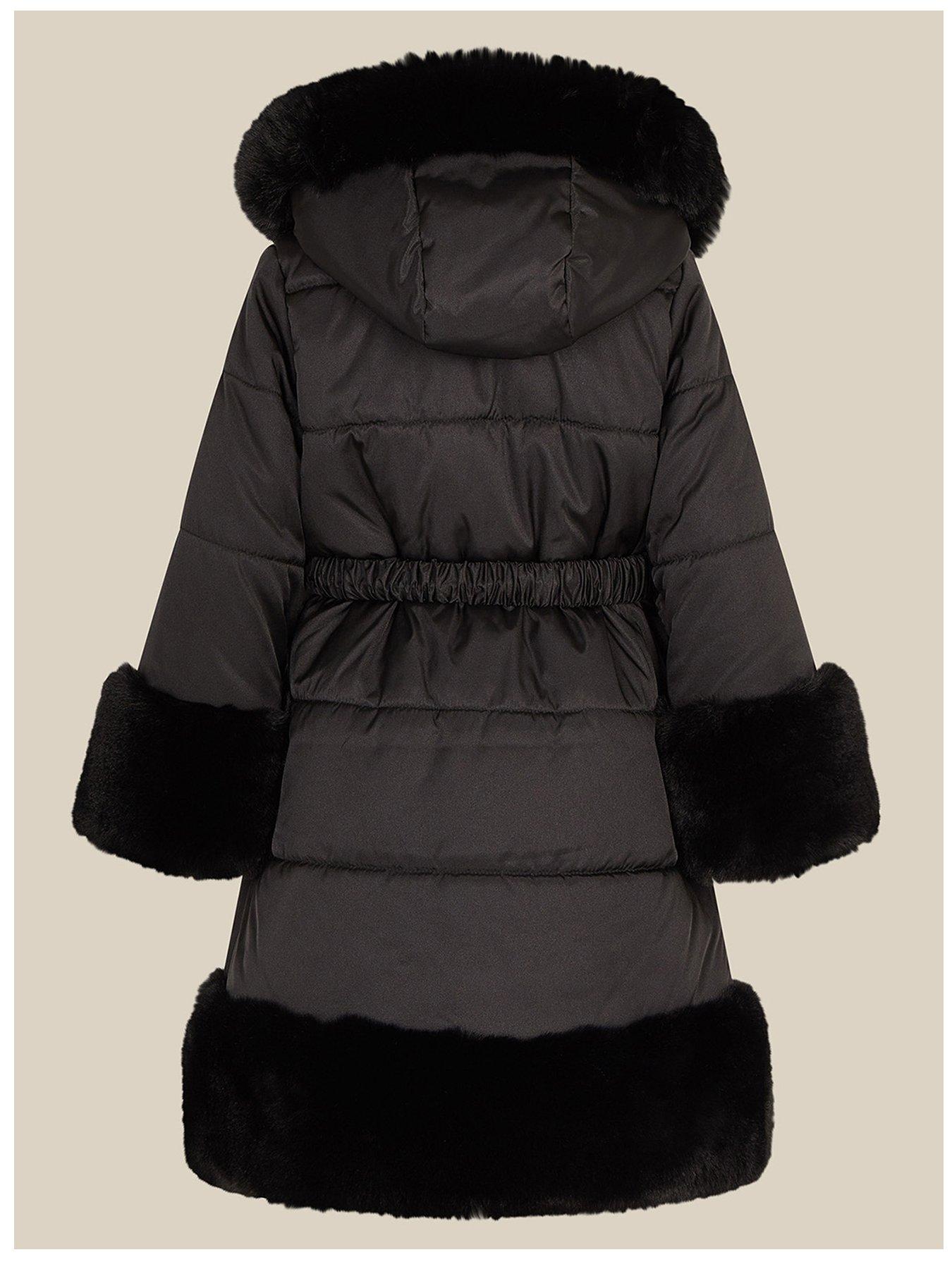 Image 3 of 4 of Monsoon Girls Diamante Faux Fur Trim Coat - Black