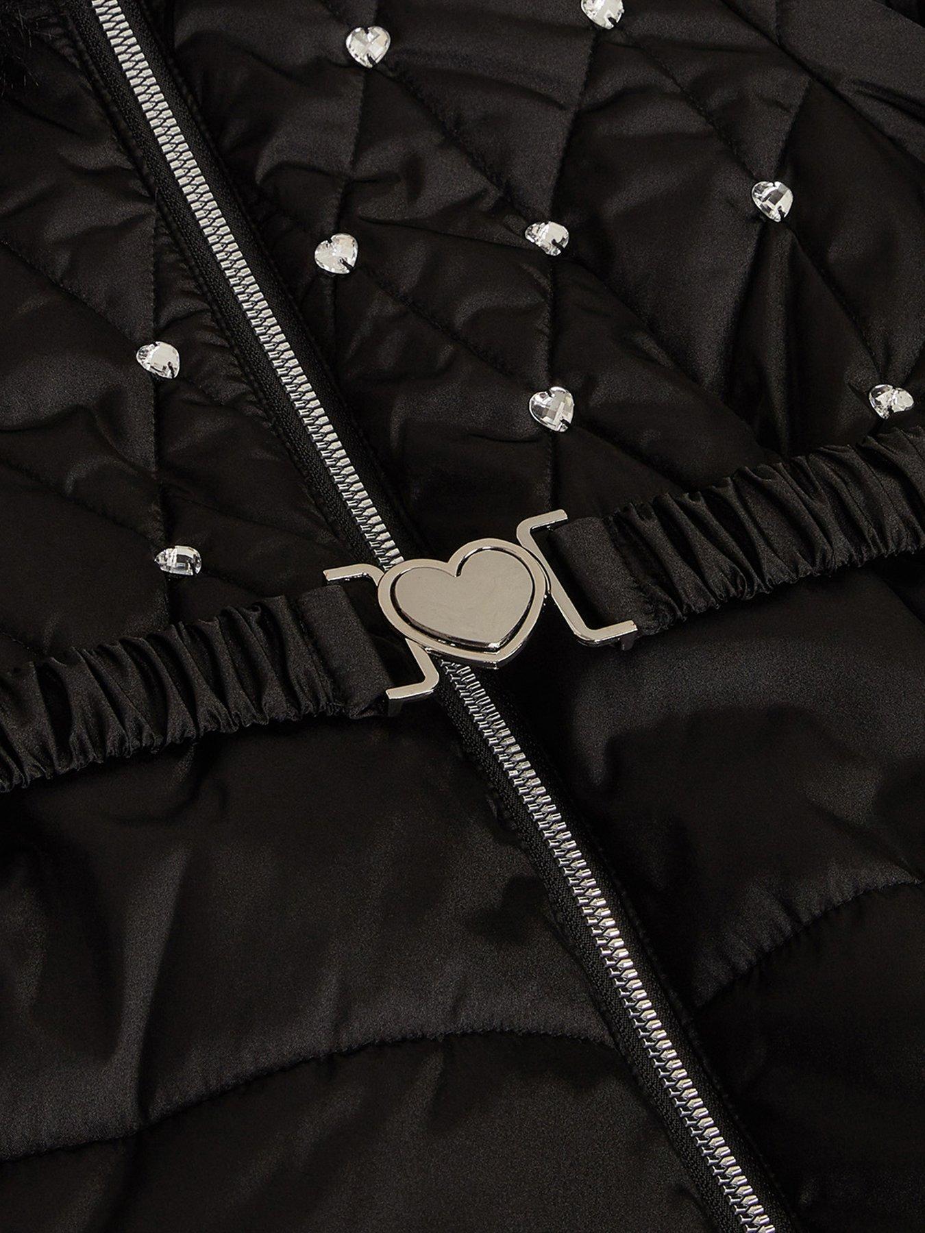 Image 4 of 4 of Monsoon Girls Diamante Faux Fur Trim Coat - Black