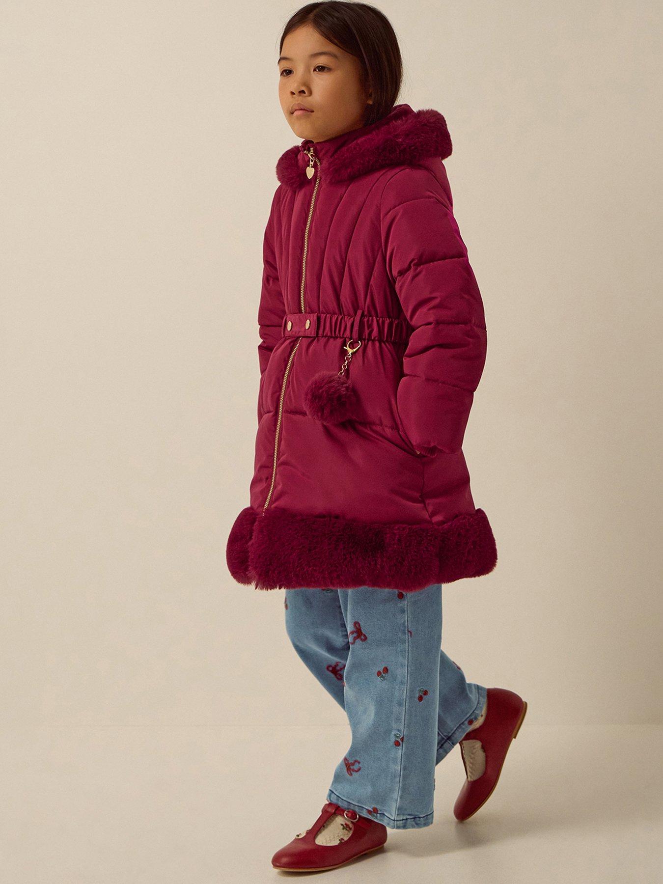 Image 1 of 4 of Monsoon Girls Padded Faux Fur Trim Berry Coat - Dark Red