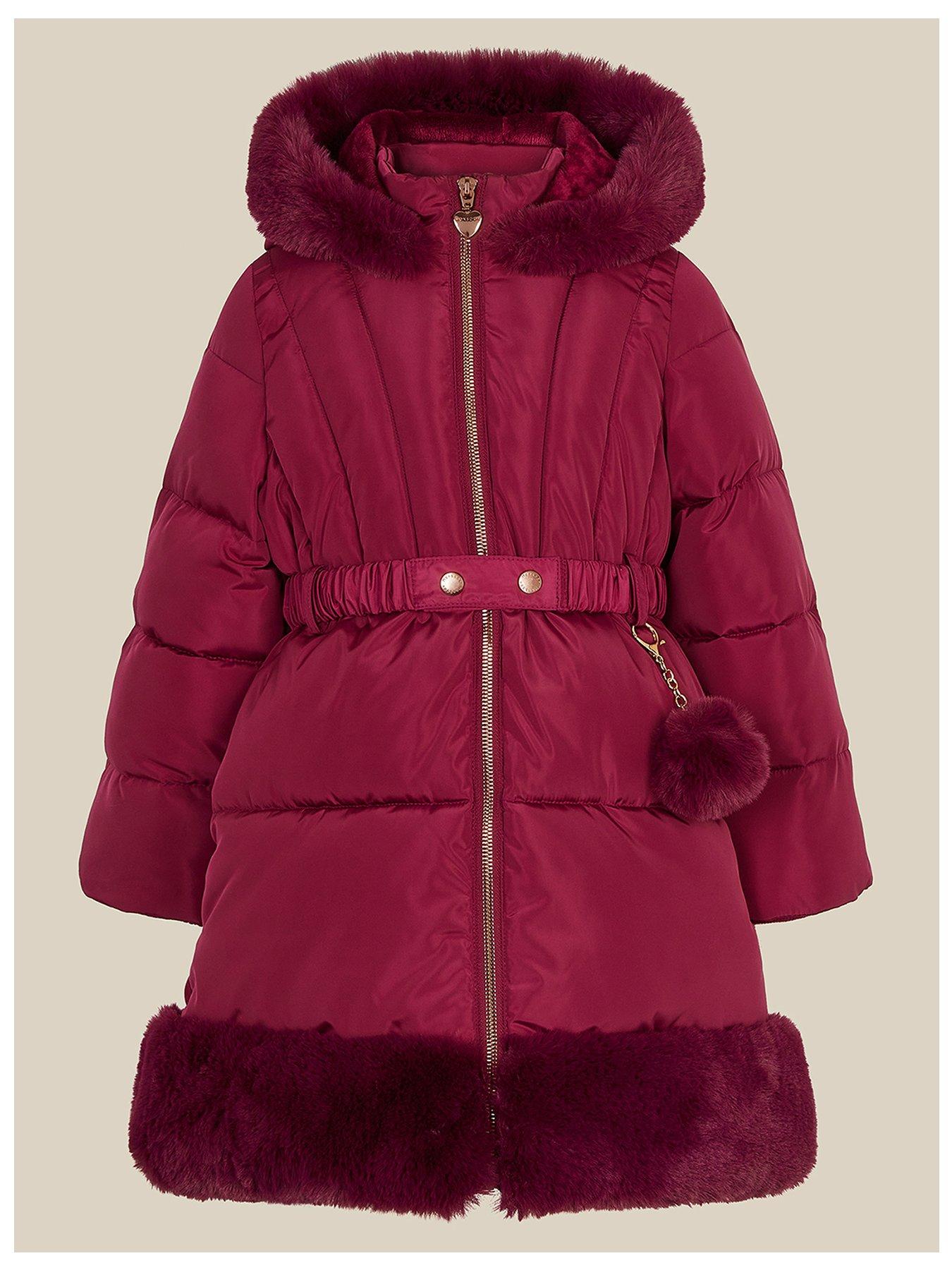 Image 2 of 4 of Monsoon Girls Padded Faux Fur Trim Berry Coat - Dark Red