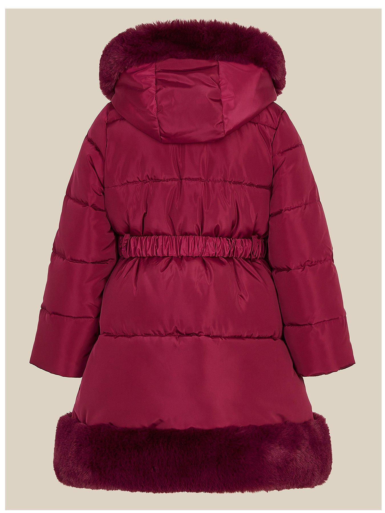 Image 3 of 4 of Monsoon Girls Padded Faux Fur Trim Berry Coat - Dark Red