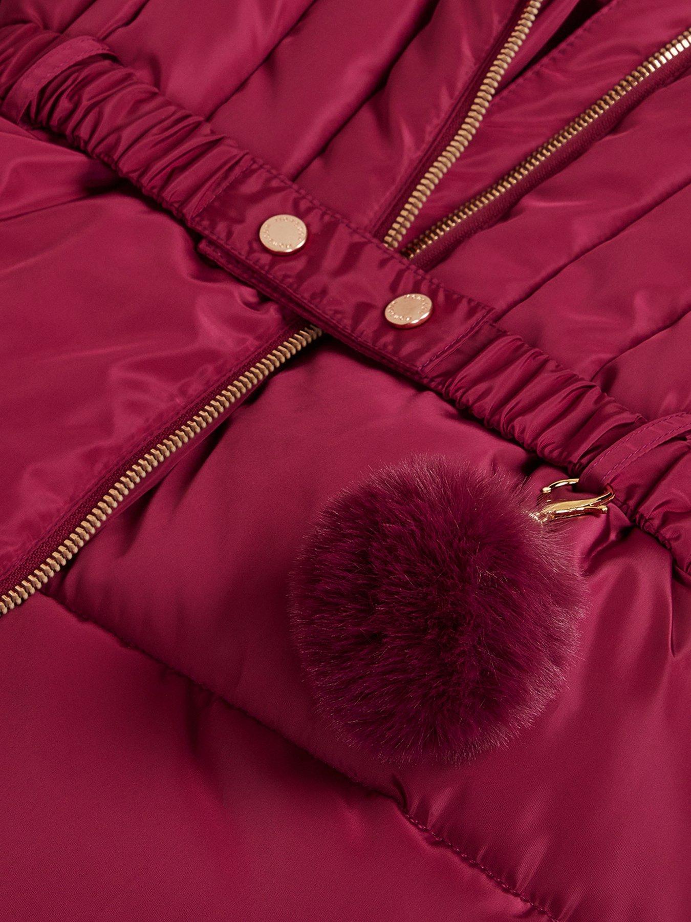 Image 4 of 4 of Monsoon Girls Padded Faux Fur Trim Berry Coat - Dark Red