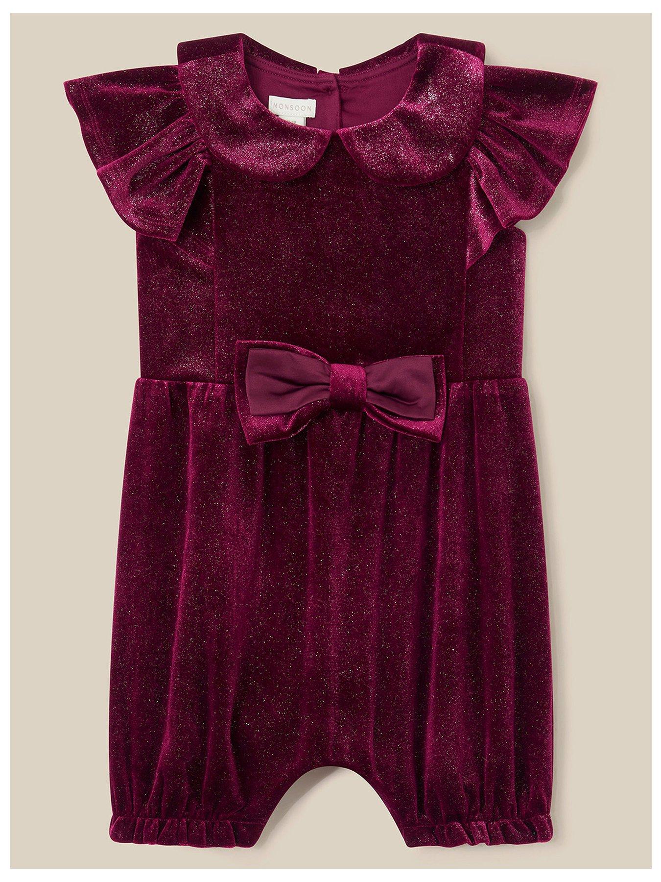 Image 1 of 3 of Monsoon Baby Girls Shimmer Velvet Bow Romper - Dark Red