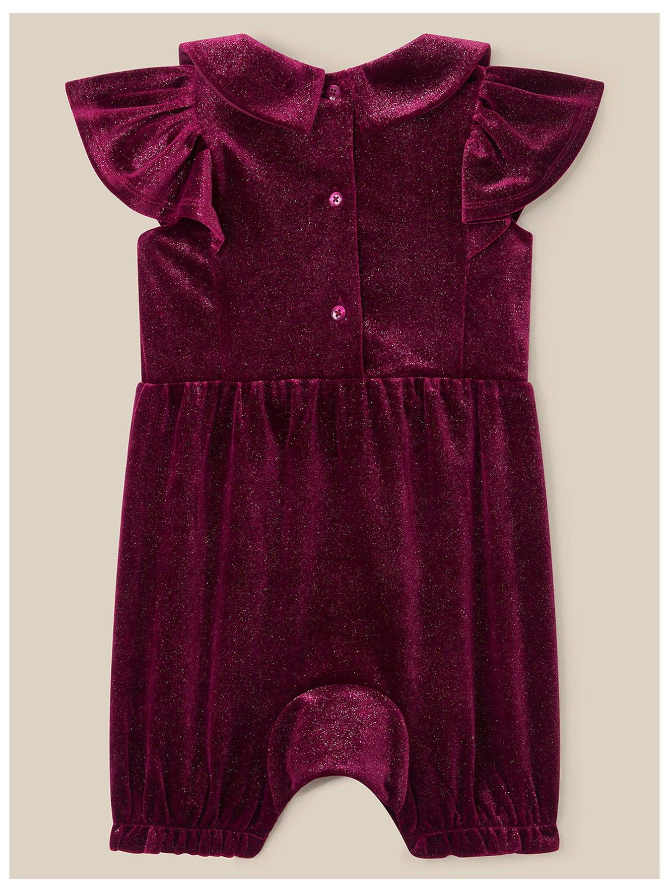 Image 2 of 3 of Monsoon Baby Girls Shimmer Velvet Bow Romper - Dark Red
