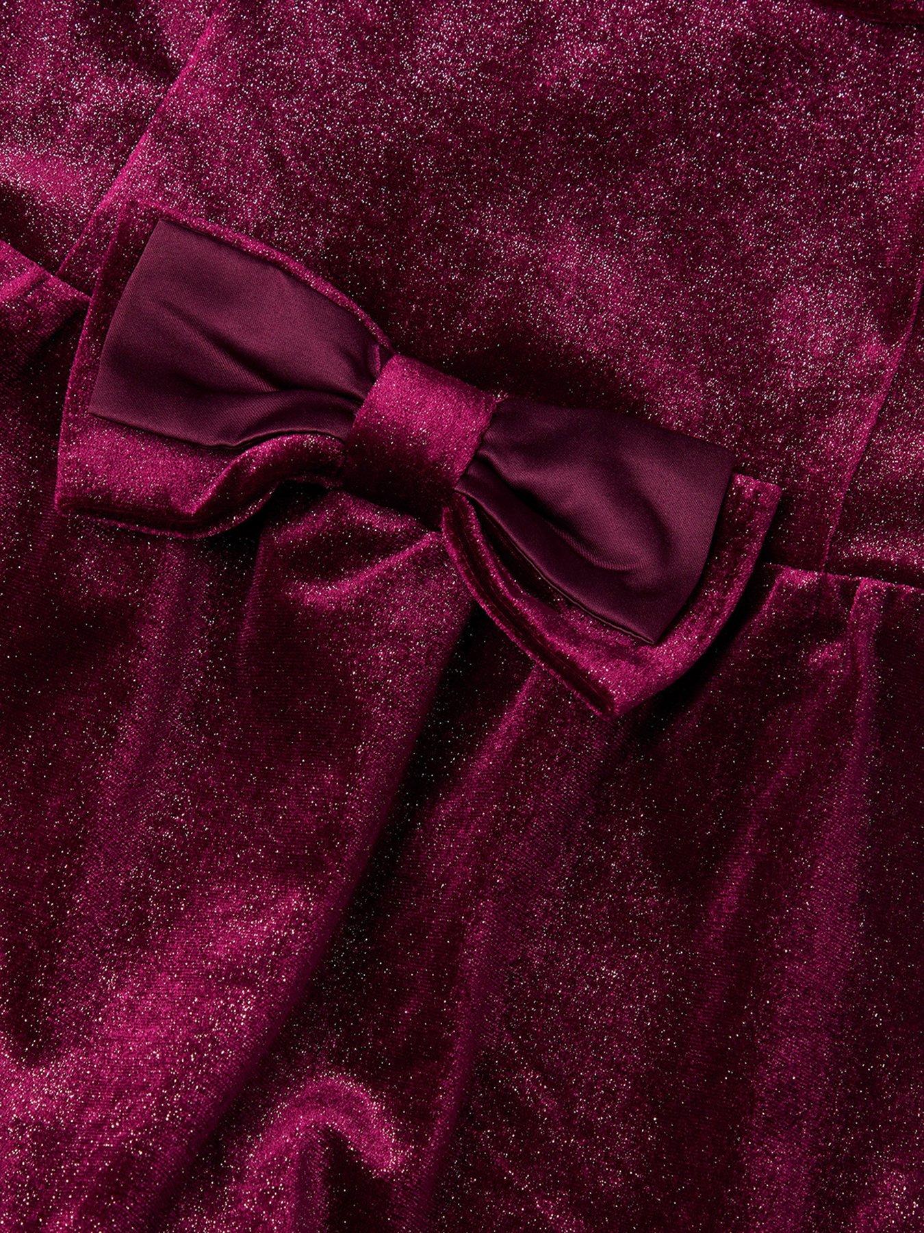 Image 3 of 3 of Monsoon Baby Girls Shimmer Velvet Bow Romper - Dark Red