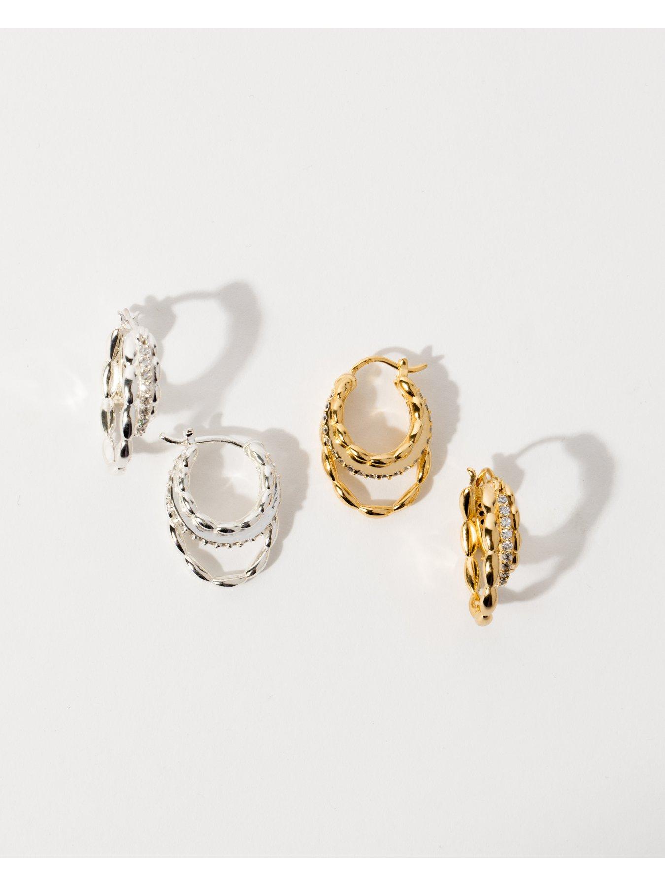 Image 4 of 4 of The Edit HS Edit CHAINS Sterling Silver & Cubic Zirconia Triple Hoop Earrings