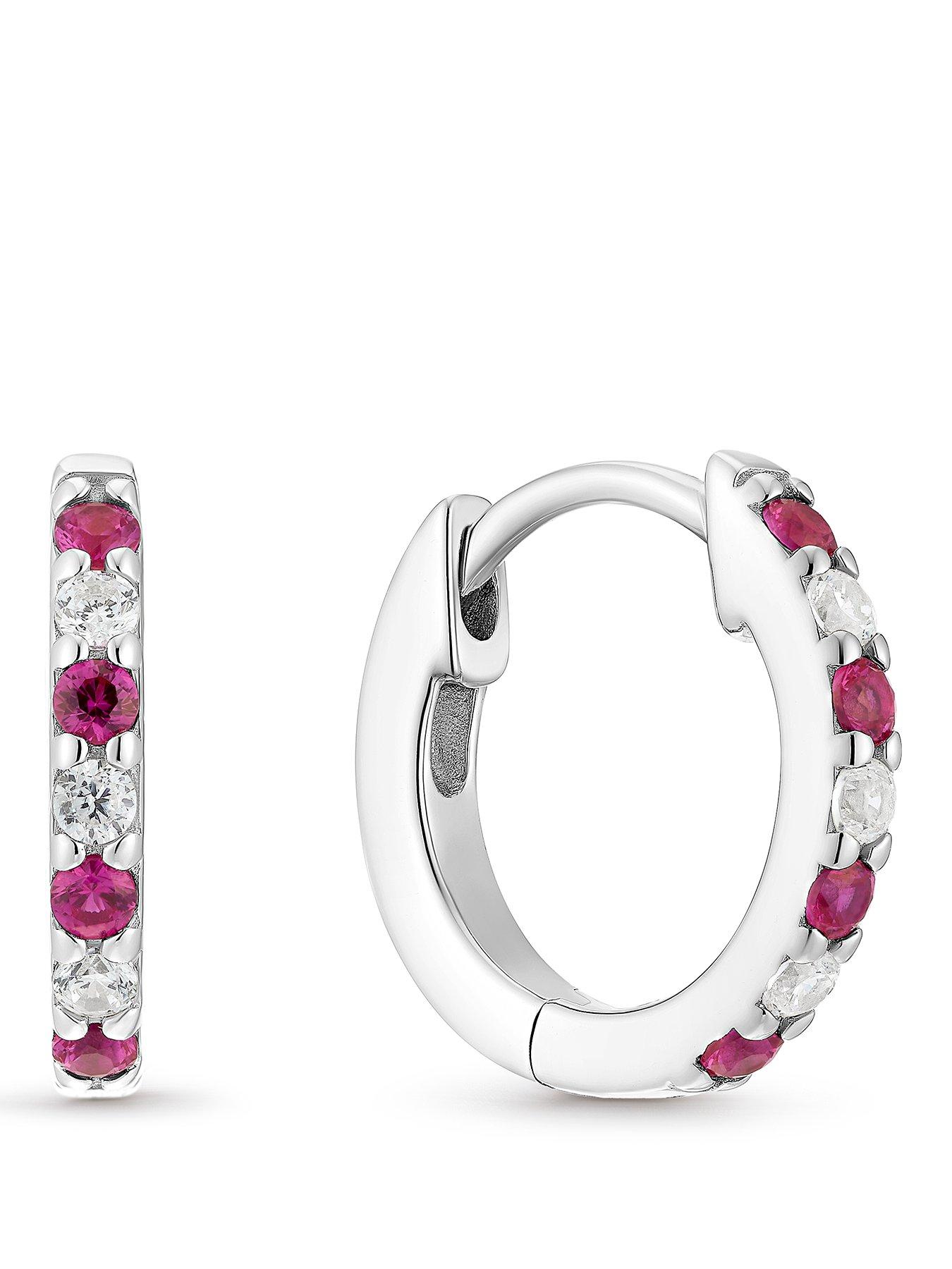Image 1 of 2 of Ernest Jones Womens Created Ruby Cubic Zirconia Huggie Hoop Earrings - Silver