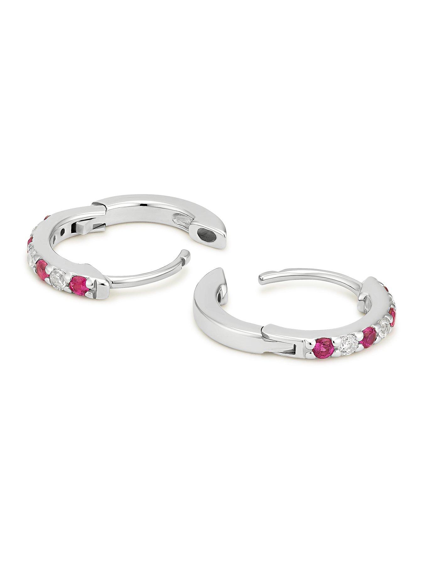 Image 2 of 2 of Ernest Jones Womens Created Ruby Cubic Zirconia Huggie Hoop Earrings - Silver