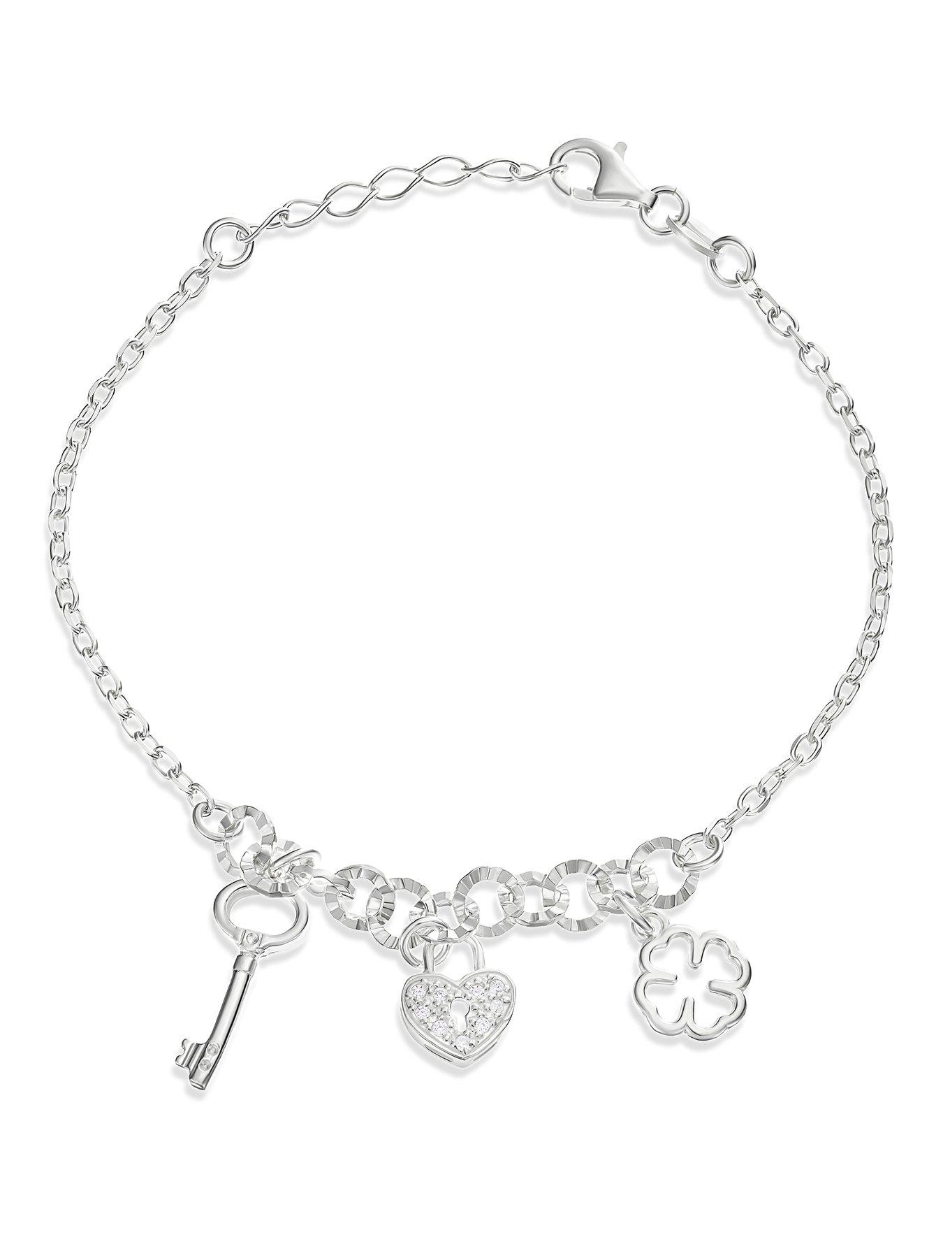 Image 1 of 3 of H. Samuel H. Samuel Clover Key Cubic Zirconia Heart Charm Bracelet - Silver