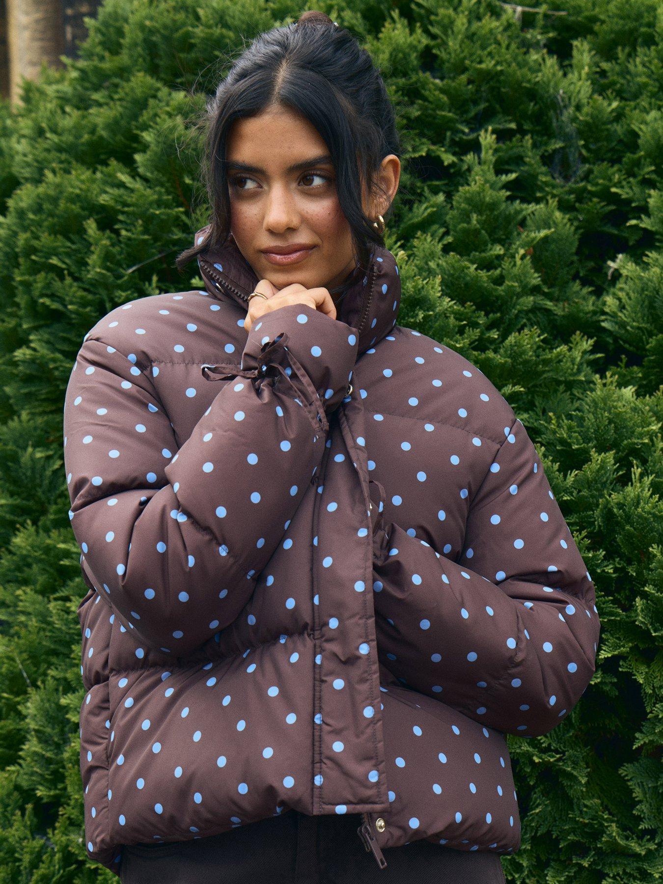Image 1 of 4 of Threadbare Funnel Neck Puffer Coat In Chocolate Brown Polka Dot
