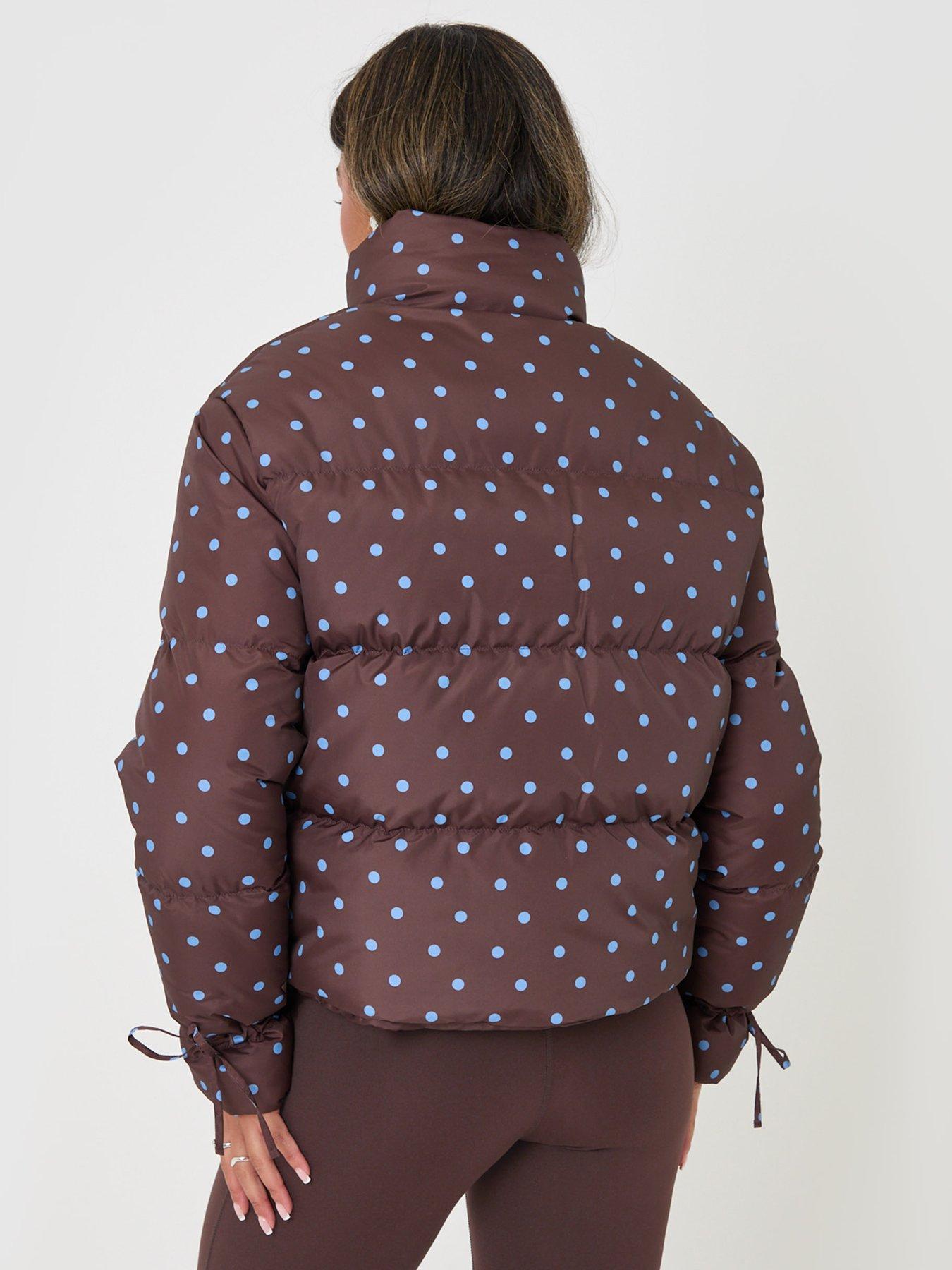 Image 2 of 4 of Threadbare Funnel Neck Puffer Coat In Chocolate Brown Polka Dot