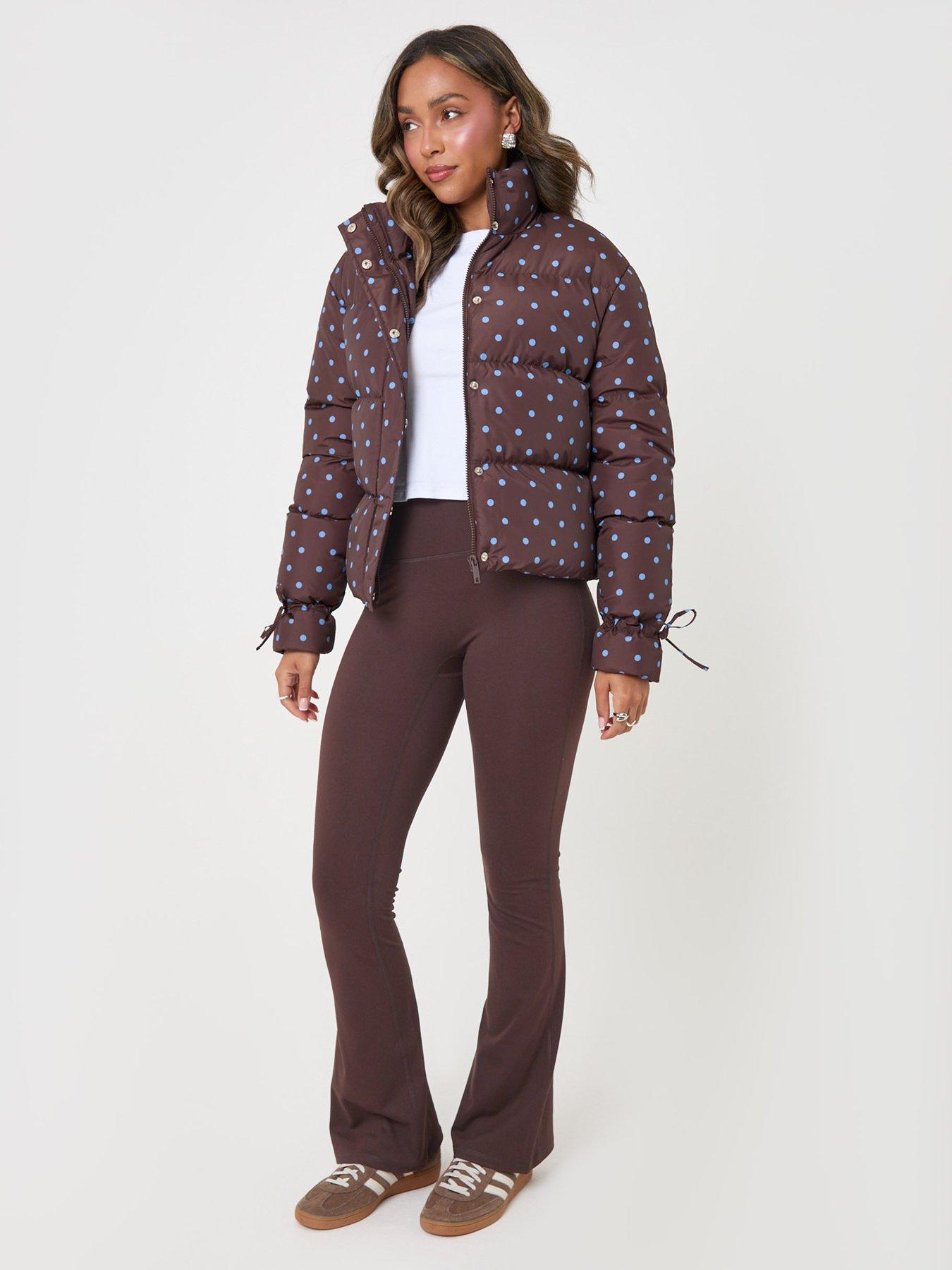Image 3 of 4 of Threadbare Funnel Neck Puffer Coat In Chocolate Brown Polka Dot