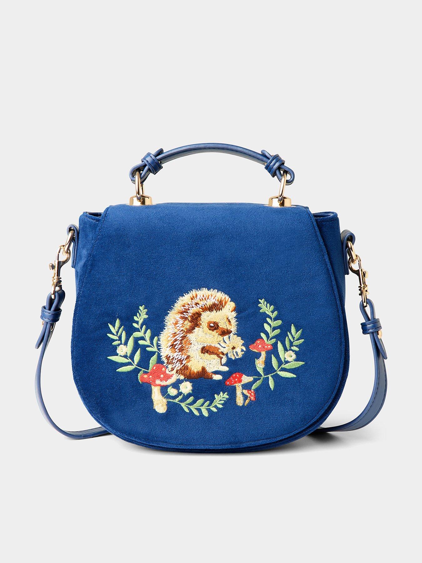 Image 1 of 4 of Joe Browns Womens Velvet Hedgehog Embroidered Hobo Bag - Blue