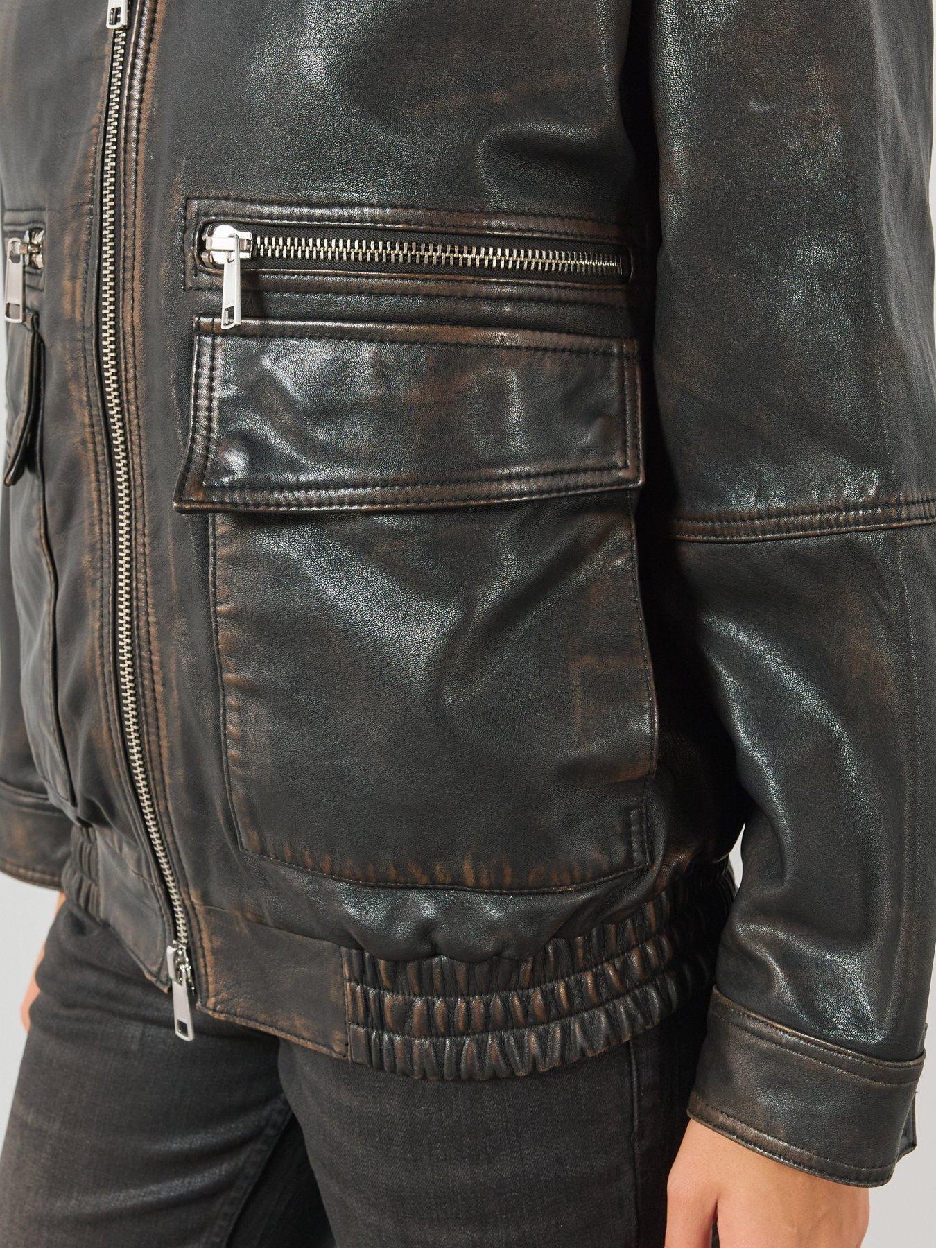Image 5 of 6 of AllSaints Womens Elisa Leather Bomber Jacket - Brown