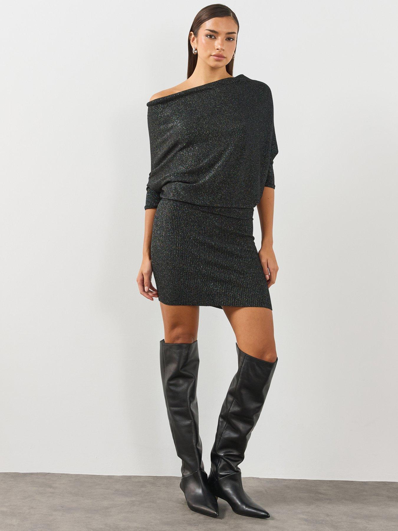 Image 1 of 6 of AllSaints Womens Ellie Sparkle Mini Dress - Black