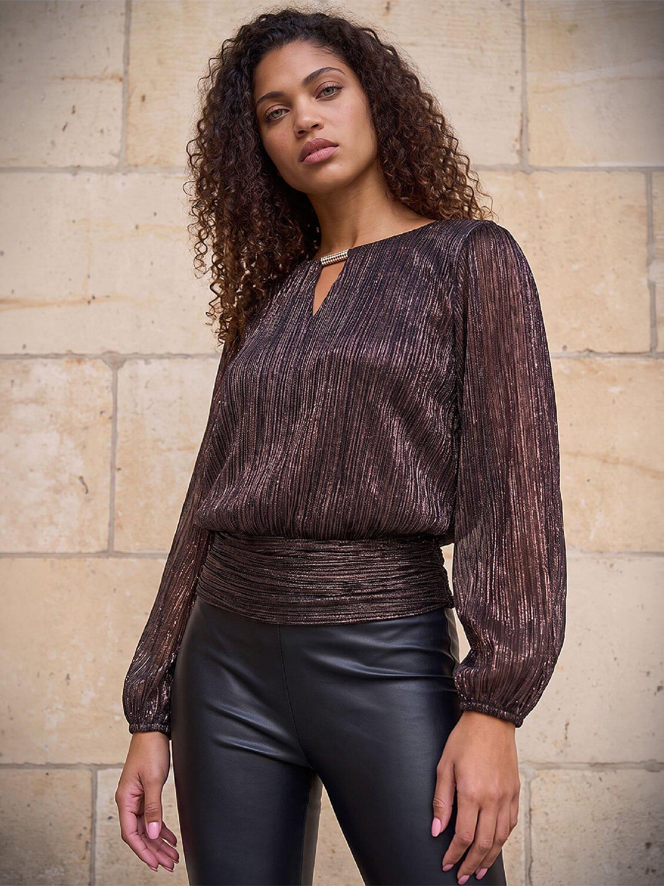 Image 1 of 4 of Roman Womens Petite Crinkle Keyhole Trim Blouse - Brown