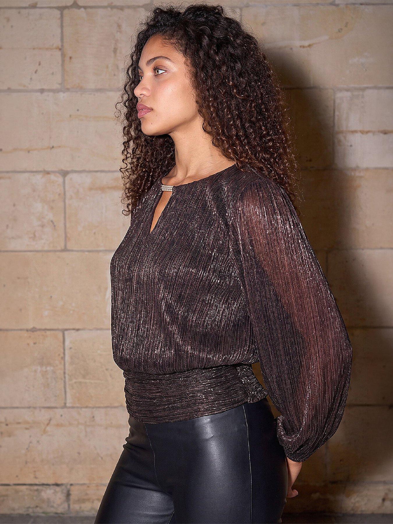 Image 3 of 4 of Roman Womens Petite Crinkle Keyhole Trim Blouse - Brown