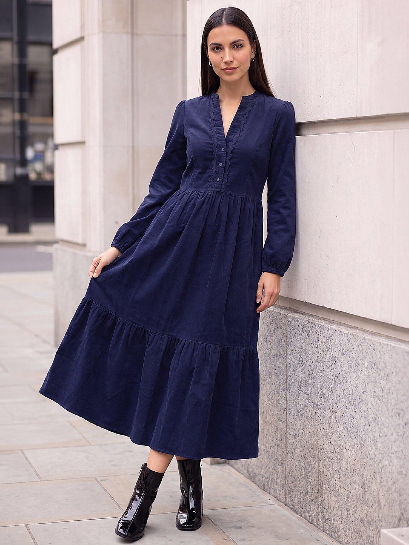 Image 1 of 4 of Roman Womens Ric Rac Trim Midi Cord Dress - Blue