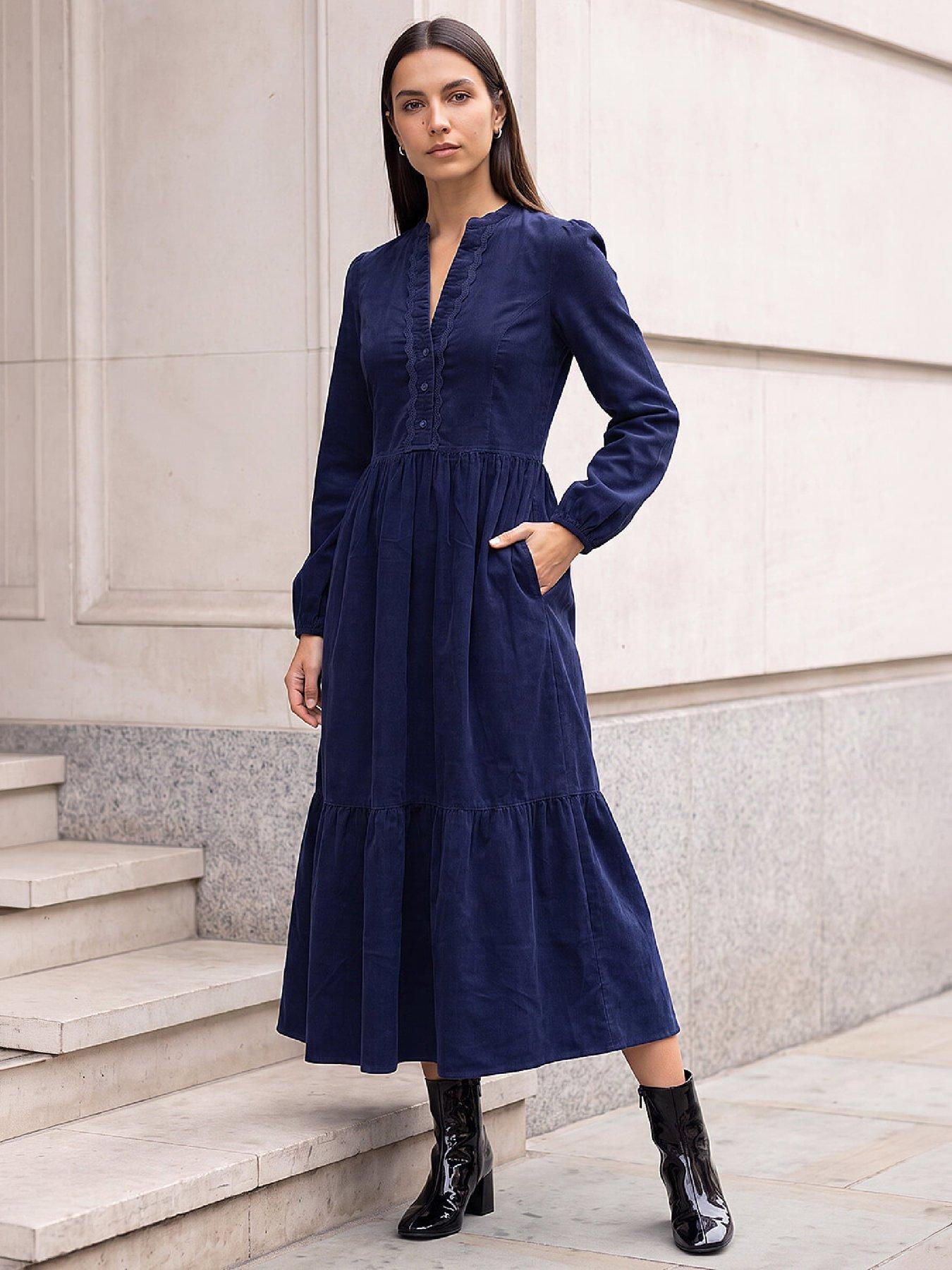 Image 4 of 4 of Roman Womens Ric Rac Trim Midi Cord Dress - Blue
