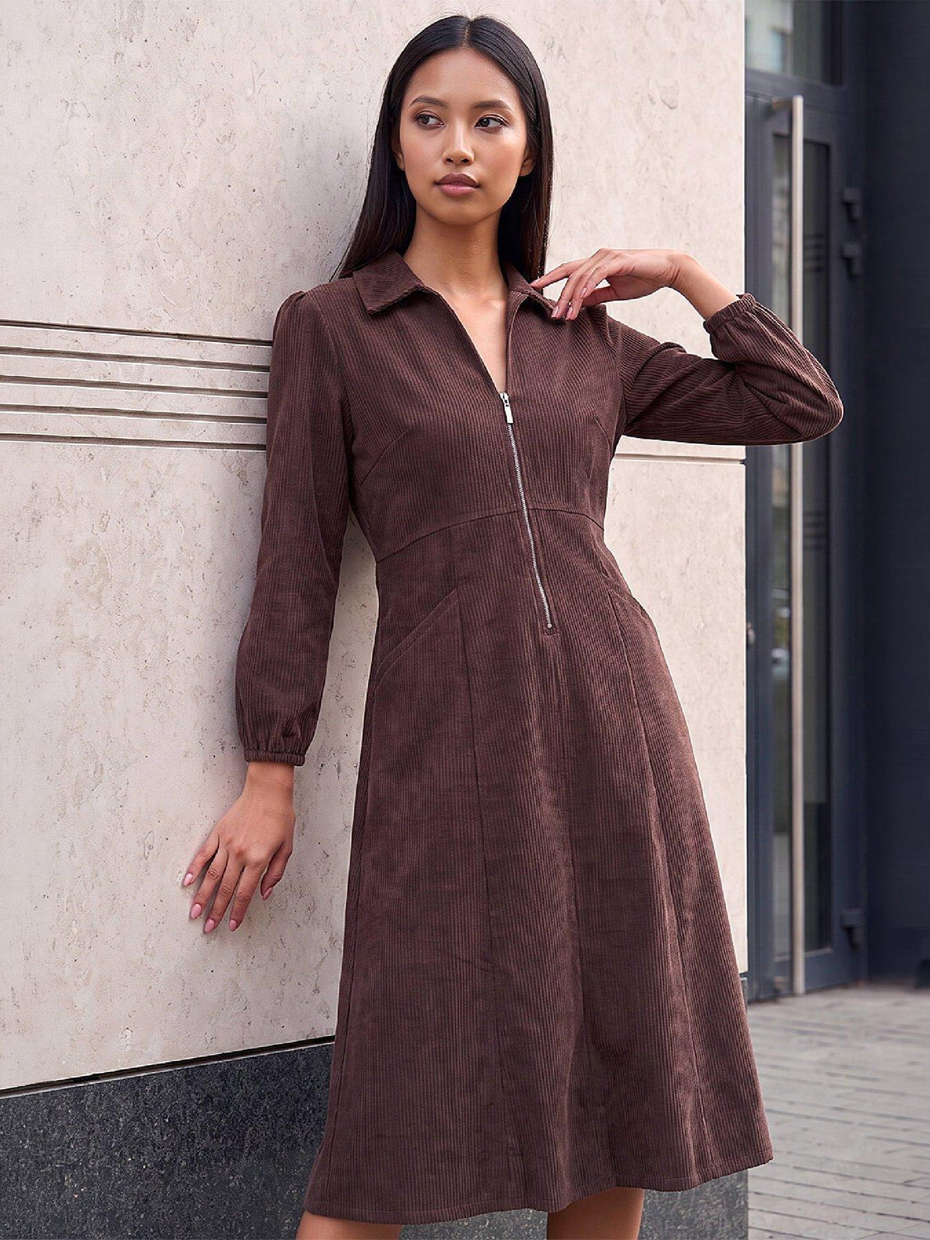 Image 1 of 4 of Roman Womens Petite Zip Front V Neck Midi Dress - Brown