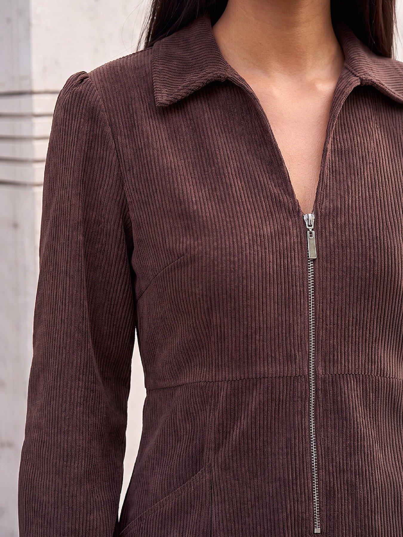 Image 2 of 4 of Roman Womens Petite Zip Front V Neck Midi Dress - Brown