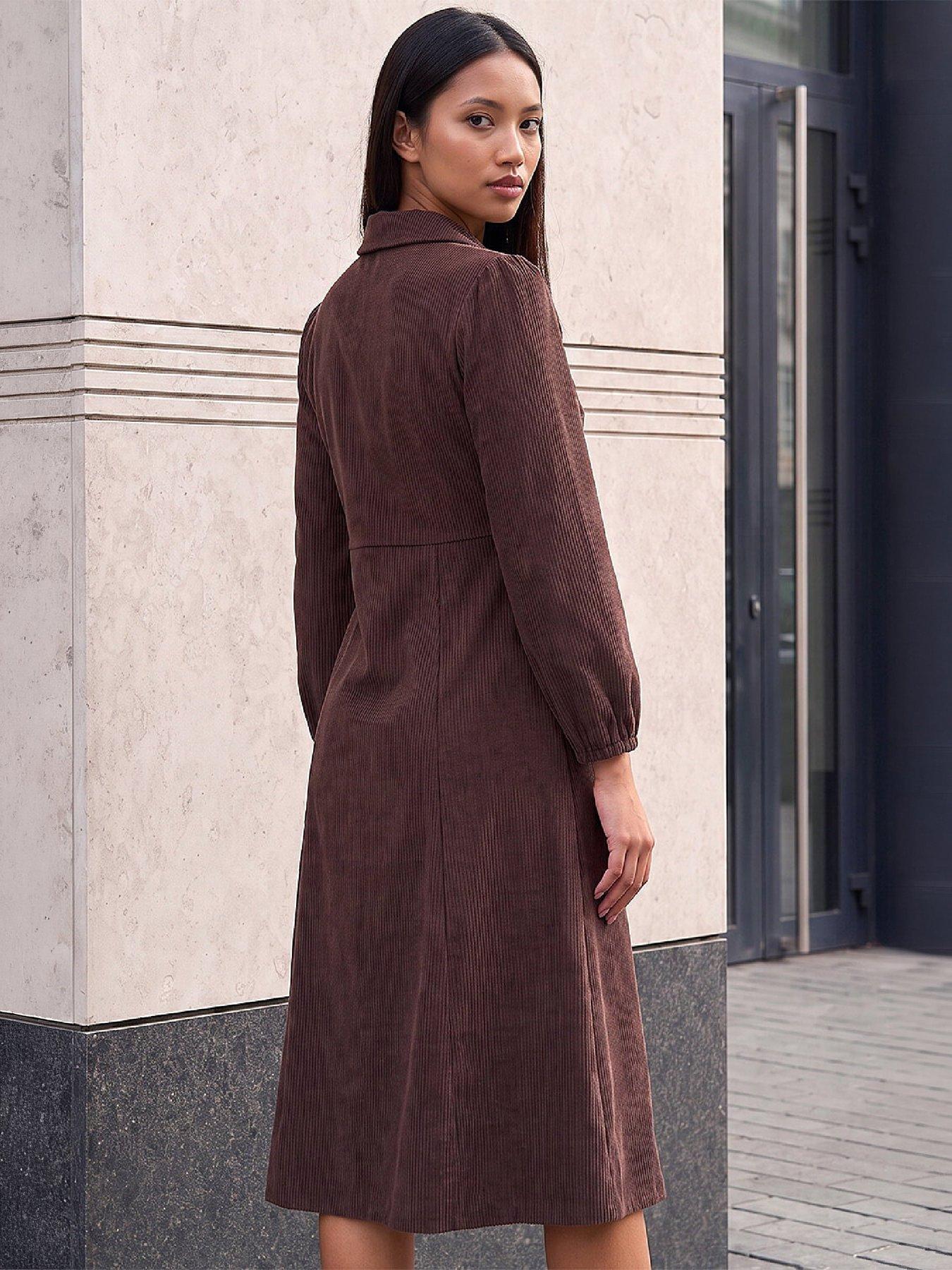 Image 3 of 4 of Roman Womens Petite Zip Front V Neck Midi Dress - Brown