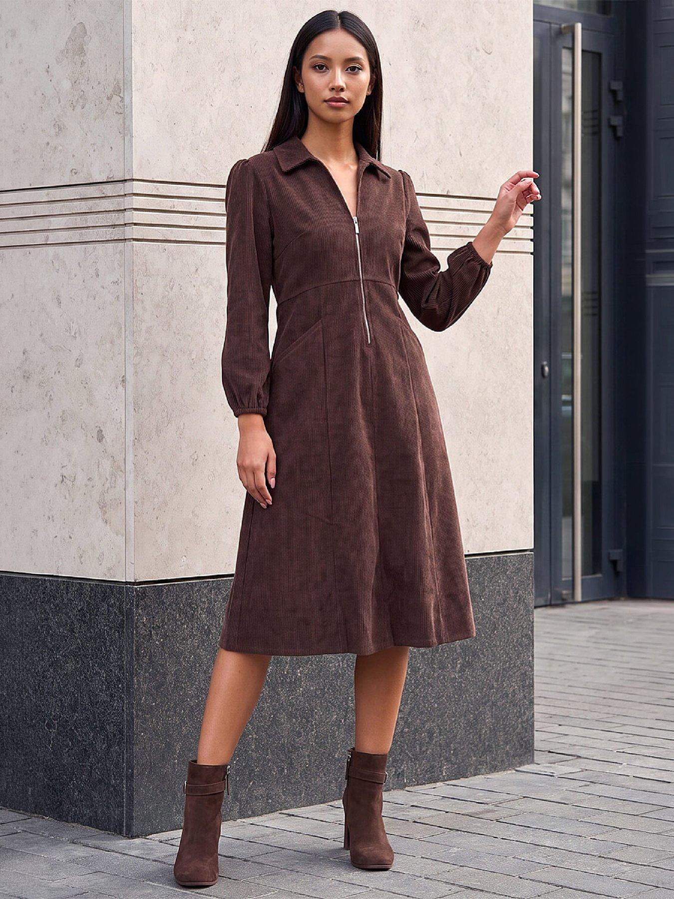 Image 4 of 4 of Roman Womens Petite Zip Front V Neck Midi Dress - Brown