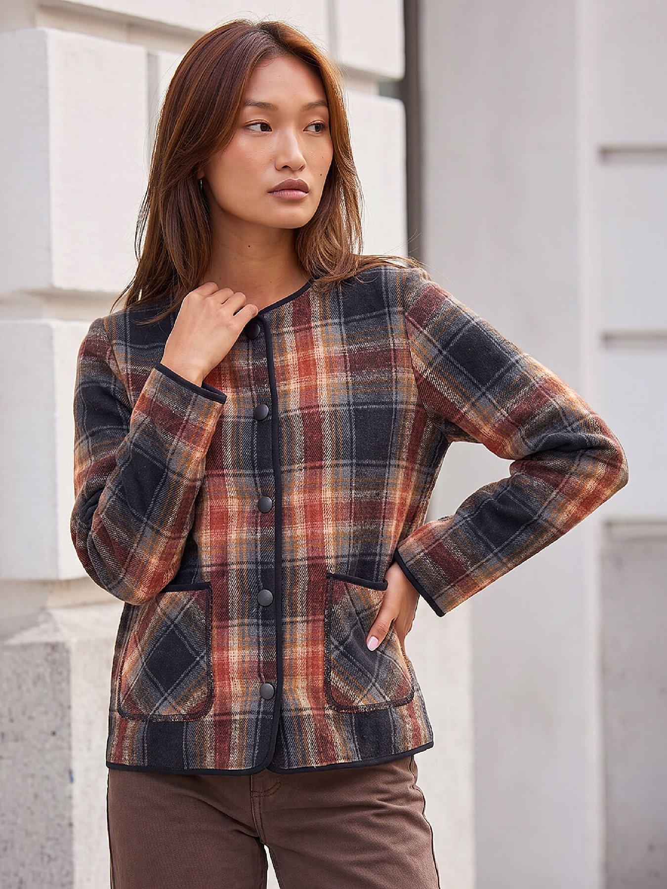 Image 4 of 4 of Roman Womens Check Button Edge-To-Edge Jacket - Multi