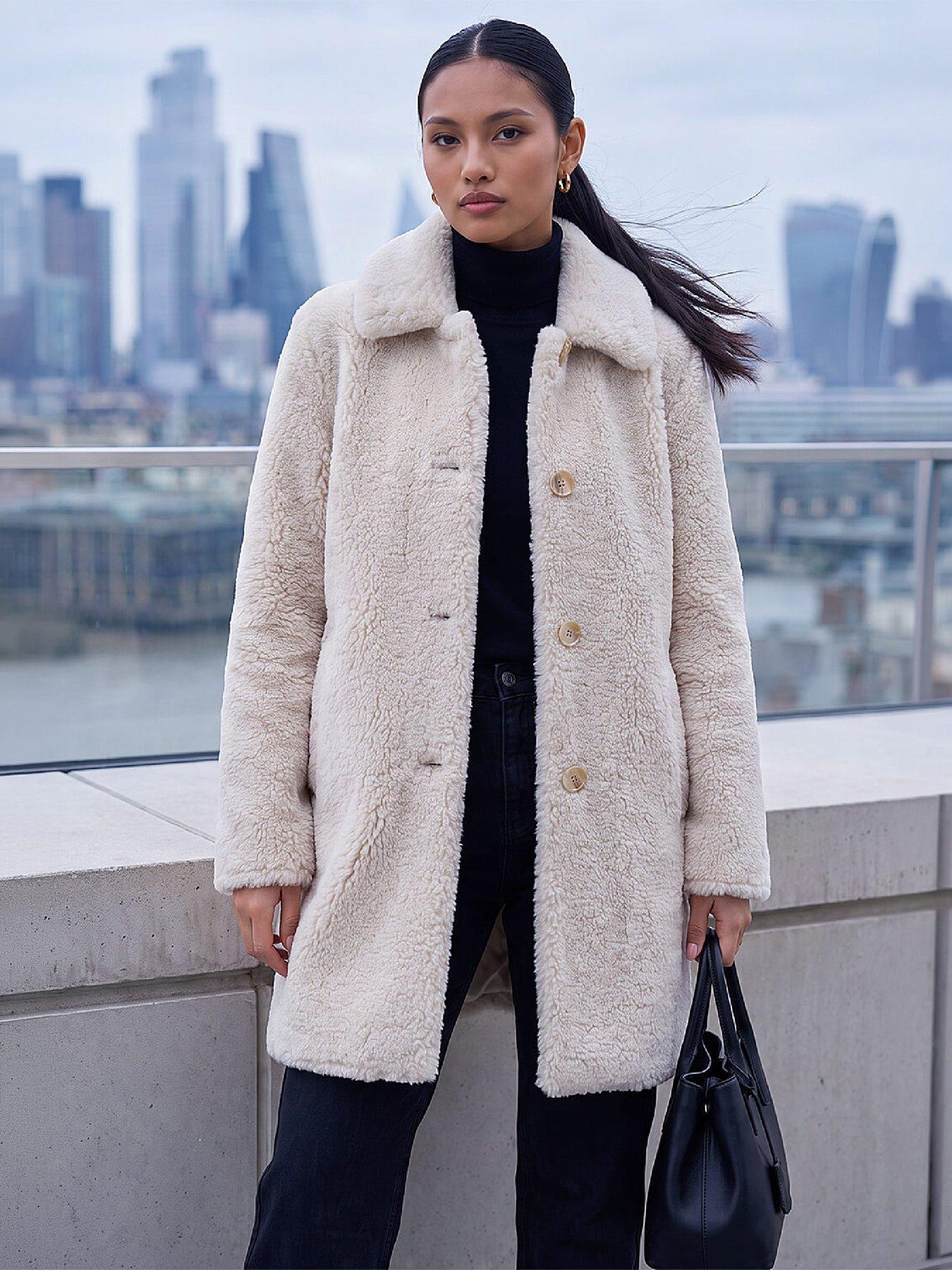 Image 1 of 4 of Roman Womens Petite Fully Lined Button Through Coat - White
