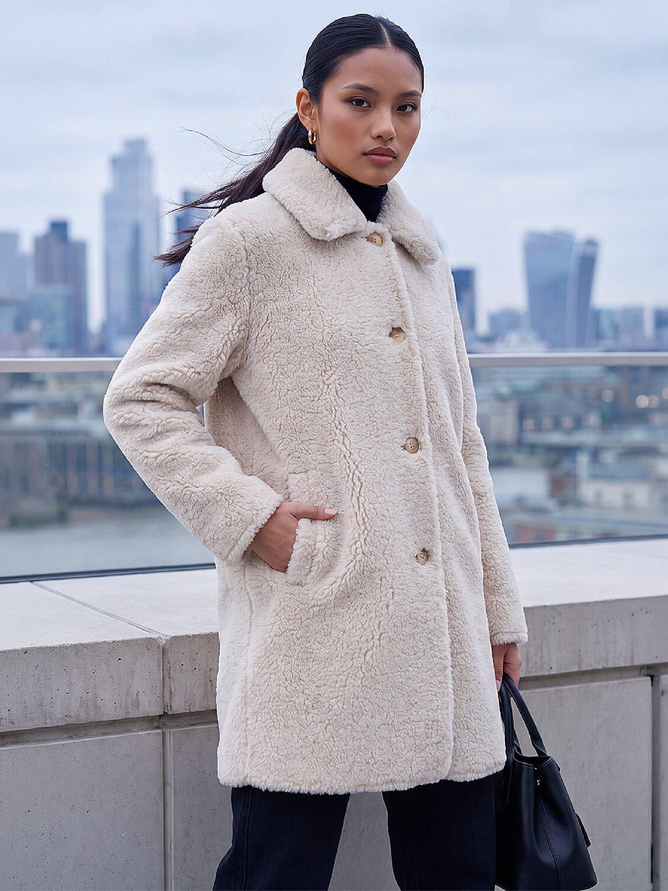 Image 4 of 4 of Roman Womens Petite Fully Lined Button Through Coat - White