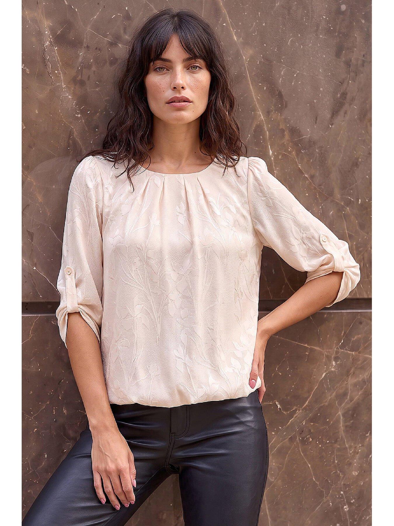 Image 1 of 4 of Roman Womens Jacquard Bubble Hem Roll-Tab Sleeves Blouse - White